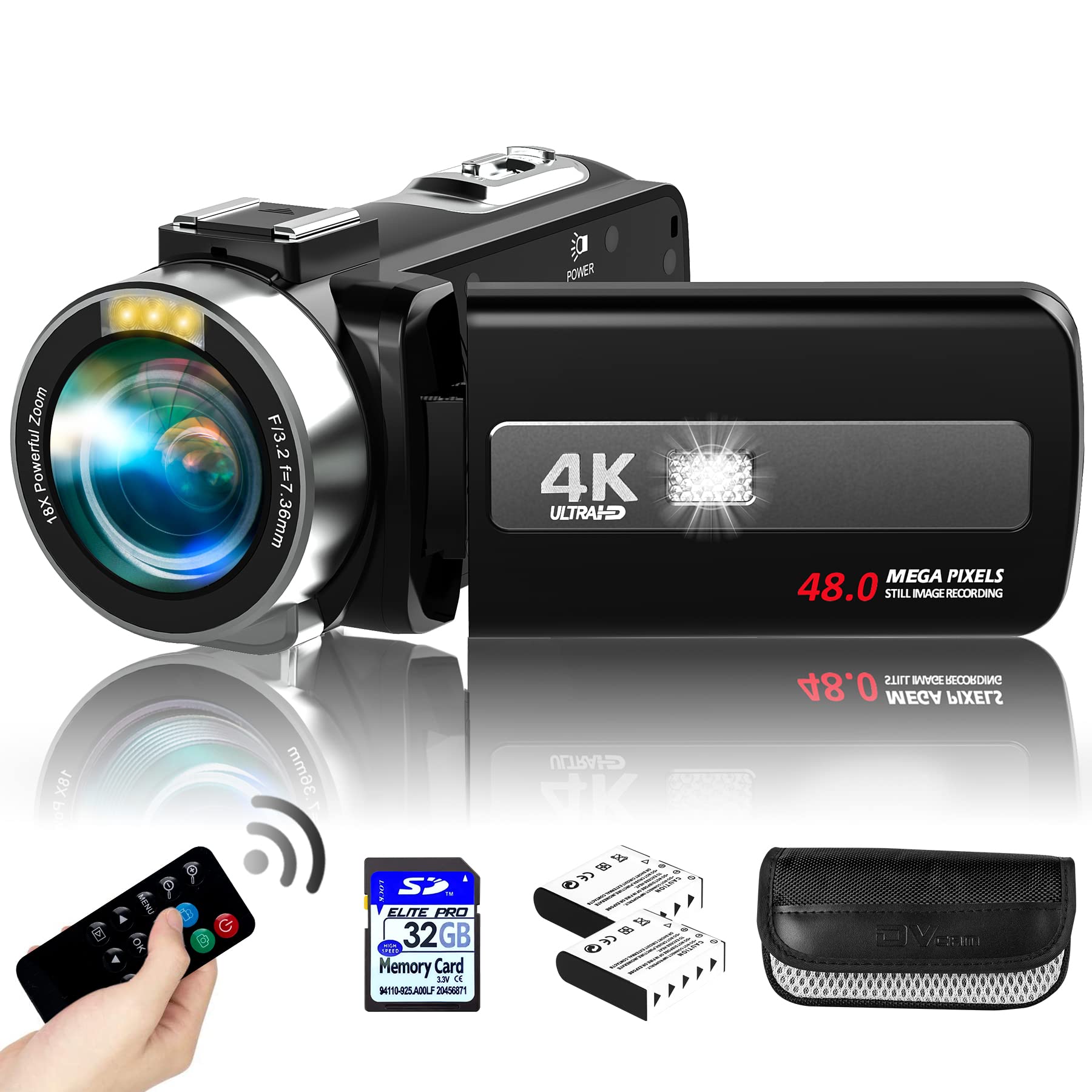 4K Video Camera Camcorder Ultra HD 48.0MP IR Night Vision Vlogging Camera Recorder for YouTube 3.0" IPS Touch Screen 18X Digital Zoom Camcorders with Remote Control,2 Batteries,32G SD Card