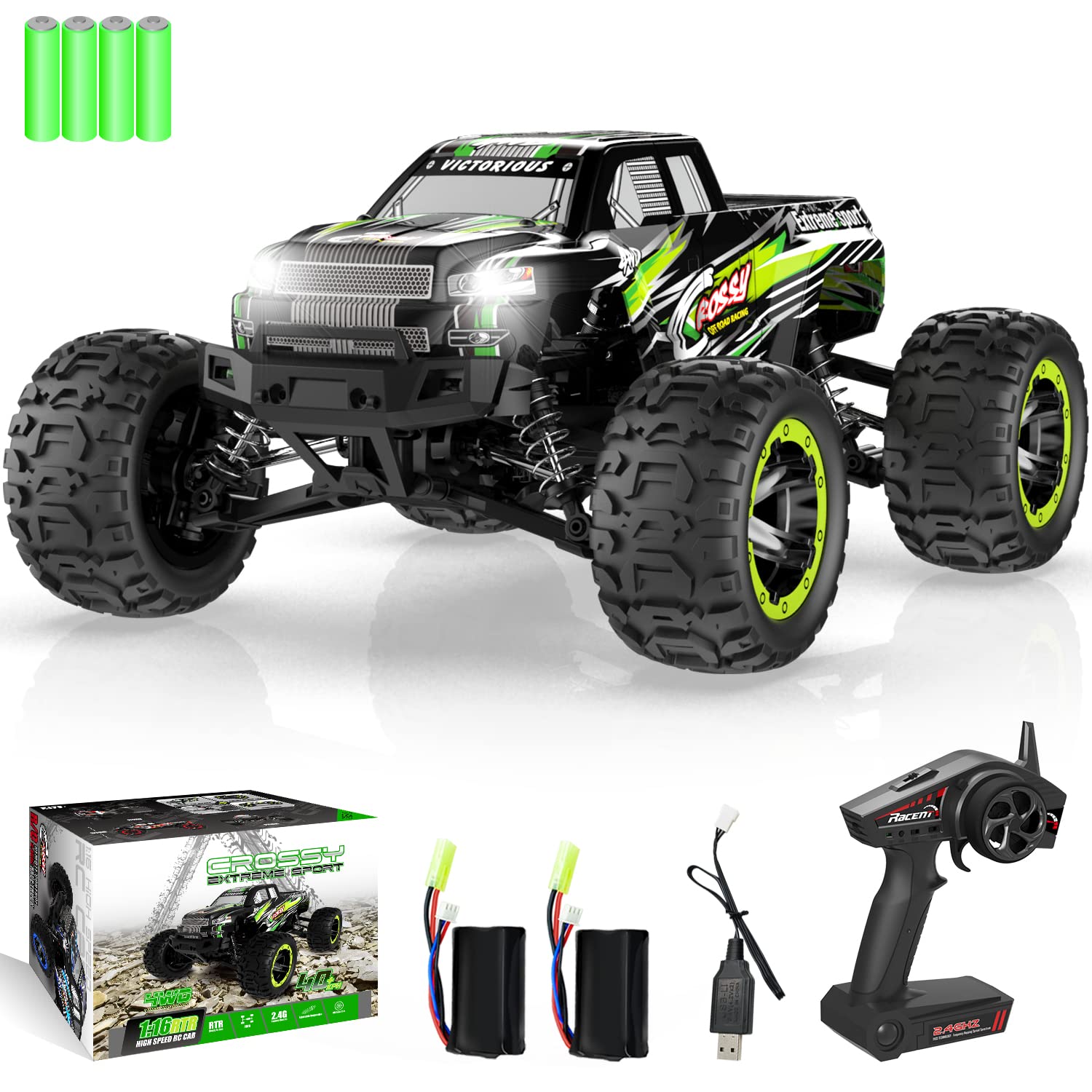 VOLANTEXRC 1:16 Scale RC Car All Terrain RC Truck 30MPH High Speed 4WD RC Monster Truck 2.4 GHz Remote Control Car Waterproof with Two Rechargeable Batteries for Boys Kids and Adults (785-5 Green)