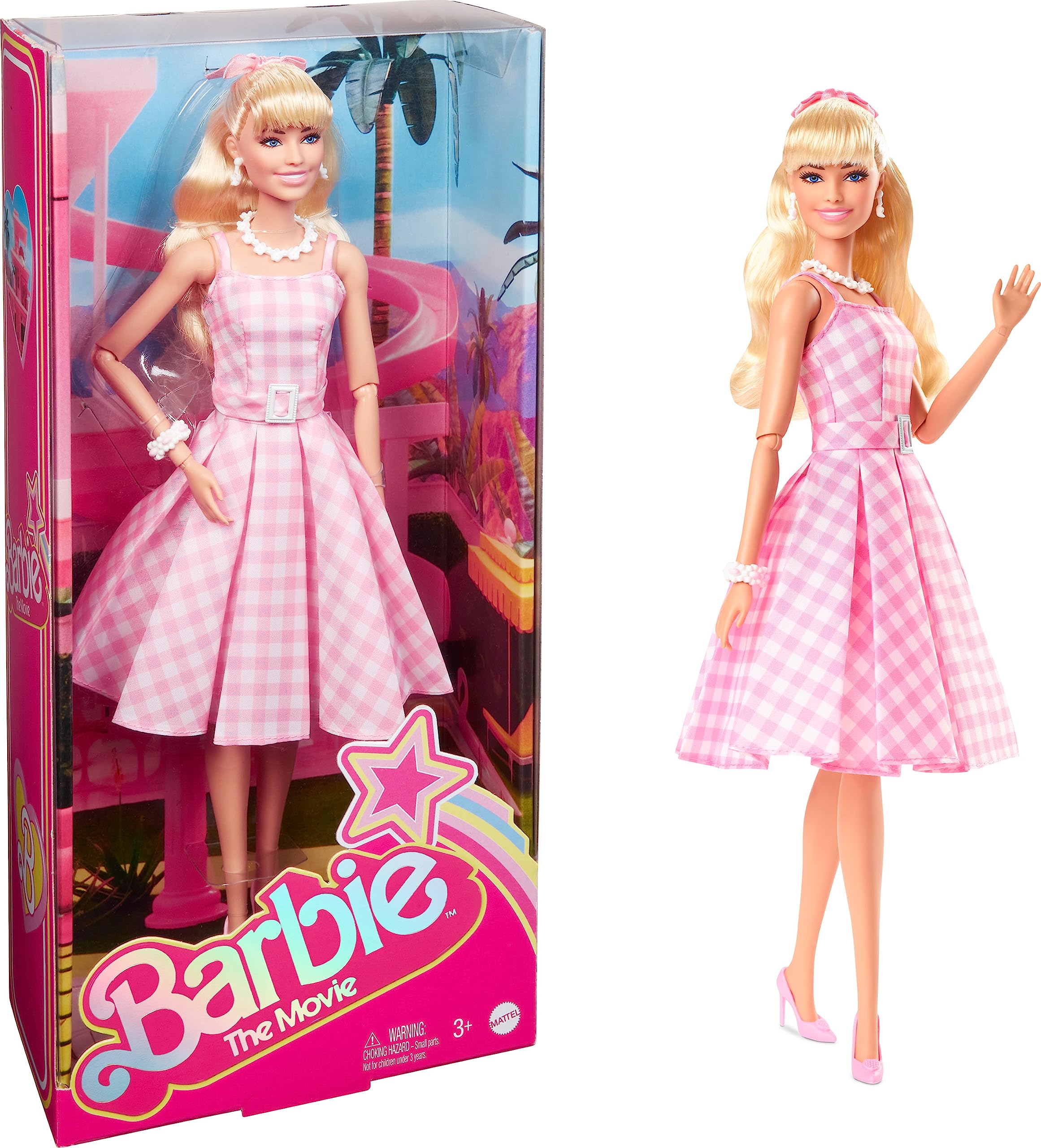 Barbie La muñeca de la película, Margot Robbie como Barbie, muñeca coleccionable con vestido de guinga rosa y blanco con collar de cadena de margaritas