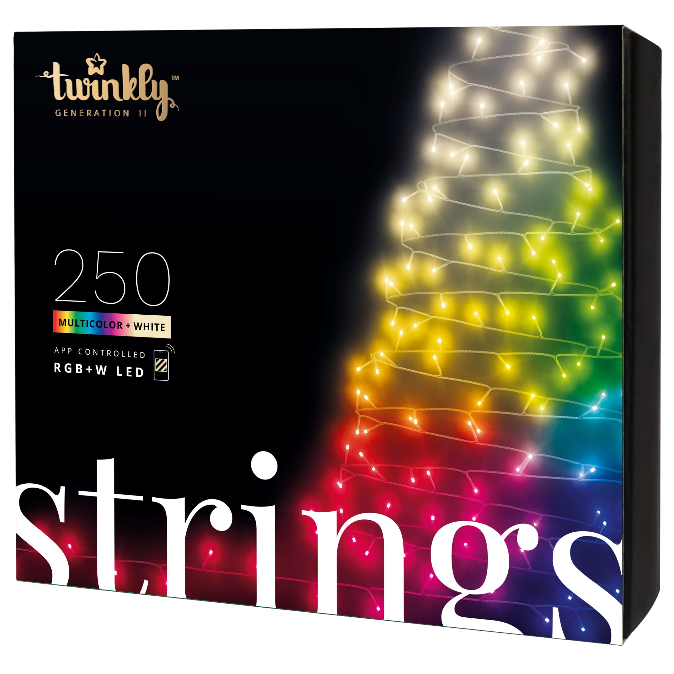 Twinkly Strings – App-Controlled LED Christmas Lights with 250 RGB+W (16 Million Colors + Warm White) LEDs. 65.6 feet. Green Wire. Indoor and Outdoor Smart Lighting Decoration