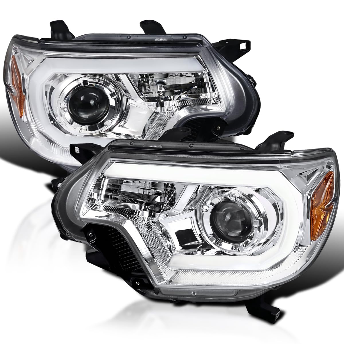 Spec-D Tuning LED Light Bar Chrome Housing Clear Lens Projector Headlights Compatible with 2012-2015 Toyota Tacoma Left + Right Pair Headlamps Assembly