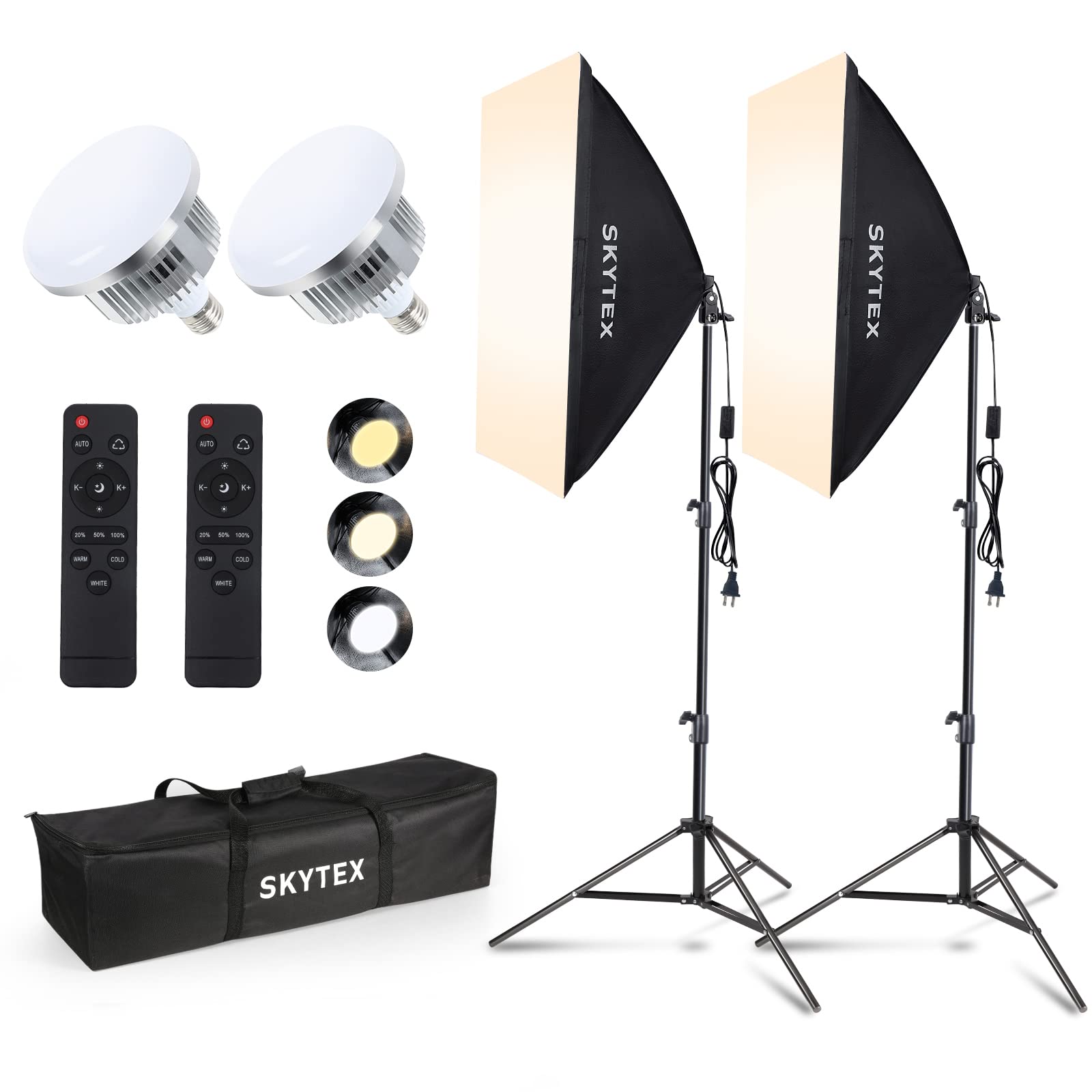 Kit de iluminación Softbox, kit de iluminación de fotografía continua Skytex con caja blanda de 2 x 20 x 28 pulgadas, 2 bombillas LED E27 de 85 W 2700-6400K, equipo de luces de estudio fotográfico para fotografía de cámara, grabación de video..