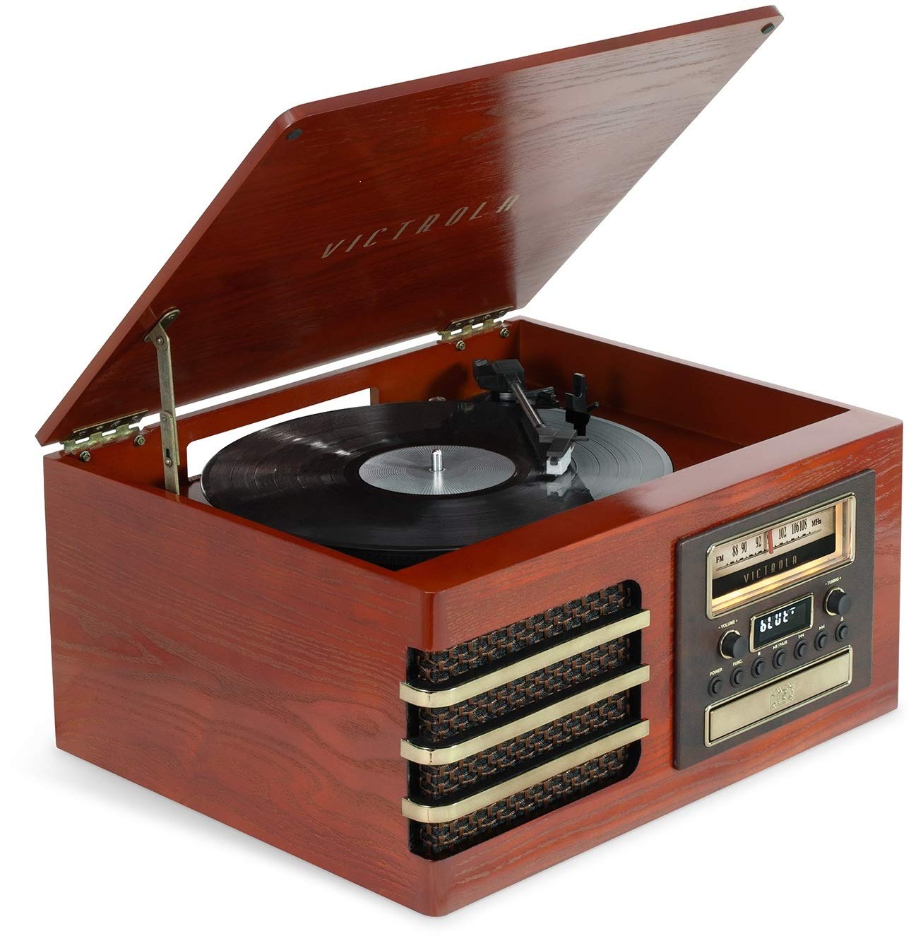 Victrola Ellington Bluetooth Record Player with 3-Speed Turntable, FM Radio, CD Player, Cassette Player, Aux/Headphone Jack, Solid Wood Construction, Built-in Speaker