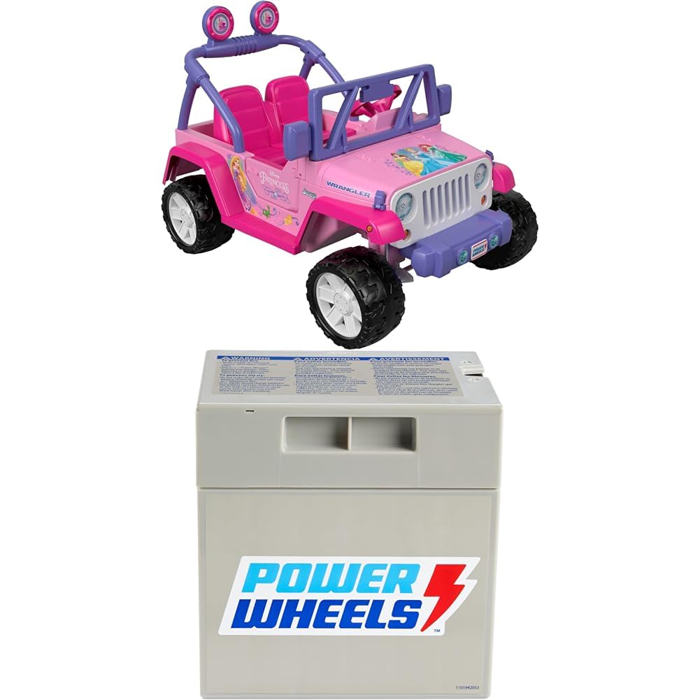 Bundle of Power Wheels Disney Princess Jeep Wrangler Ride-On Vehicle with Sounds and Character Phrases Plus Storage + Replacement Battery 12-Volt 12-Ah Rechargeable