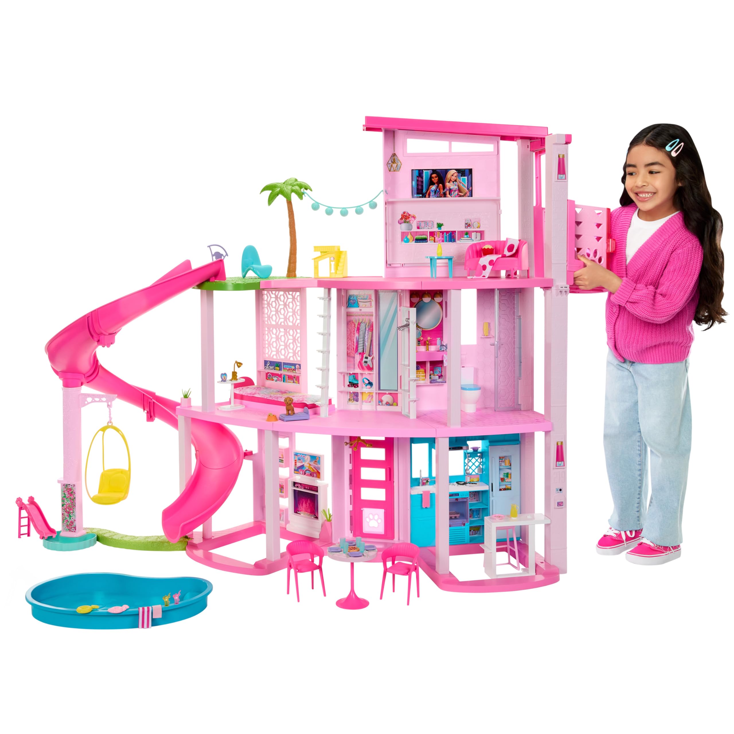 Barbie Dreamhouse 2023, Pool Party Doll House with 75+ Pieces and 3-Story Slide, Barbie House Playset, Pet Elevator and Puppy Play Areas?
