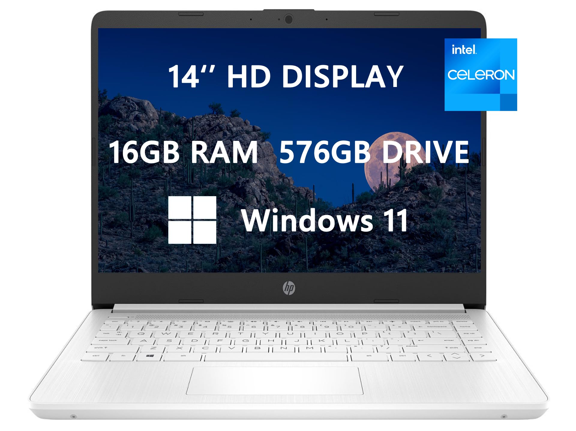 HP Laptop de 14 HD, actualización 2023, Intel Celeron N4120 (4 núcleos), 16 GB de RAM, 576 GB (64 GB SSD + tarjeta de 512 GB), cámara web, Bluetooth, USB-C, blanco, Windows 11, listo para la escuela y la empresa, cable HDMI ROKC