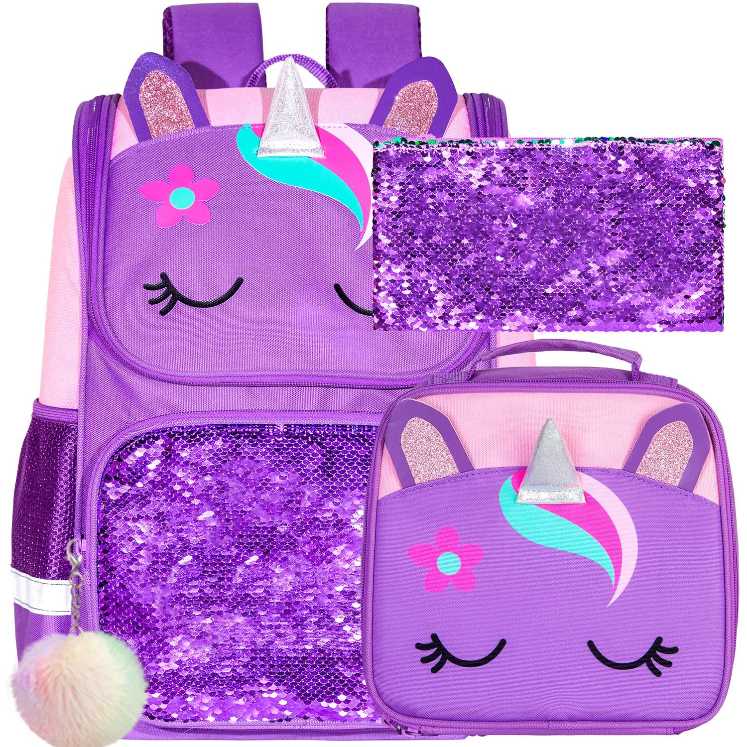 UFNDC 3PCS Unicorn Backpack, 15" Girls Sequin Bookbag with Lunch Box, Purple Kids School Bag for Elementary Preschool Toddler