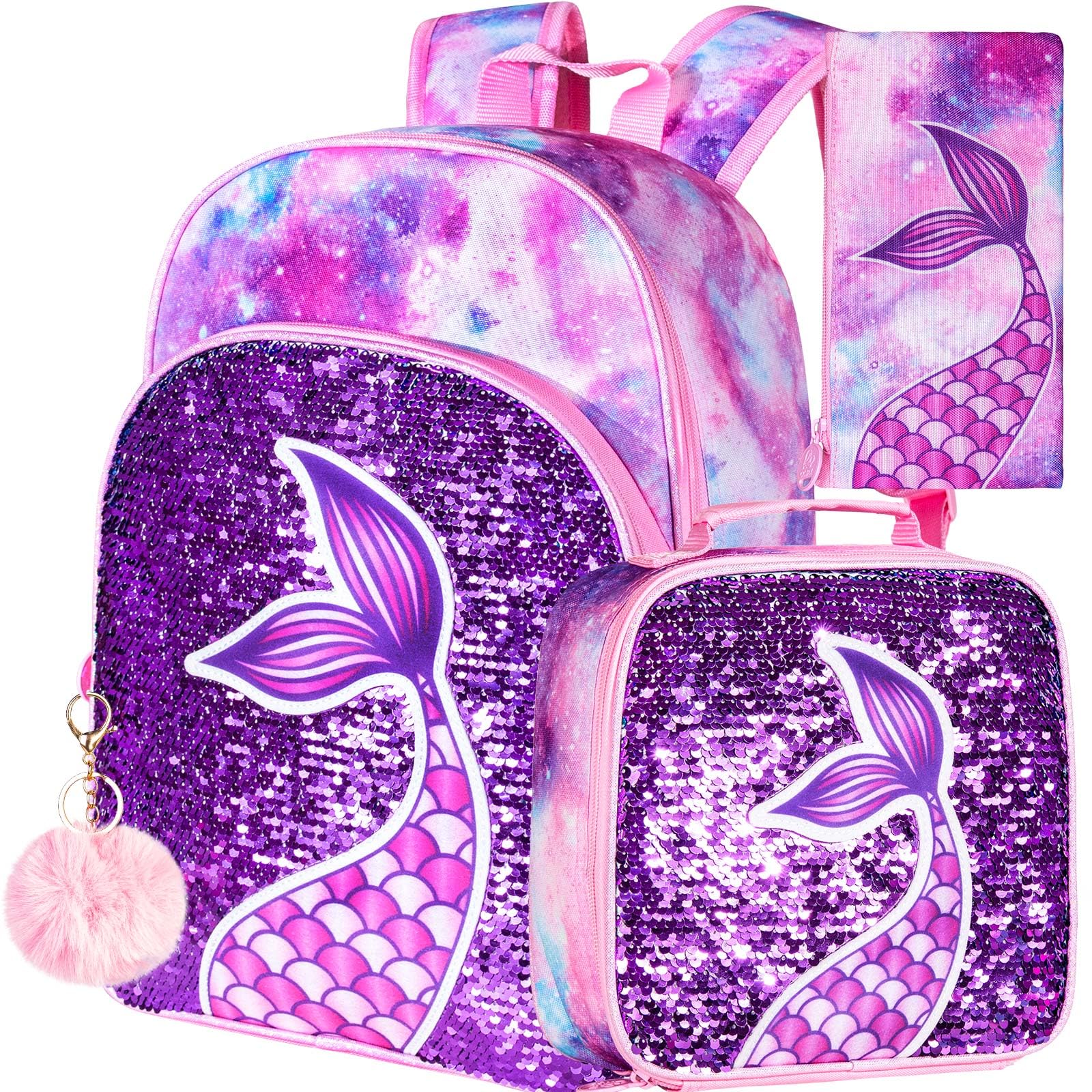 gxtvo 3PCS Girls Backpack, 16" Sequin Prechool Elementary Bookbag and Lunch Box