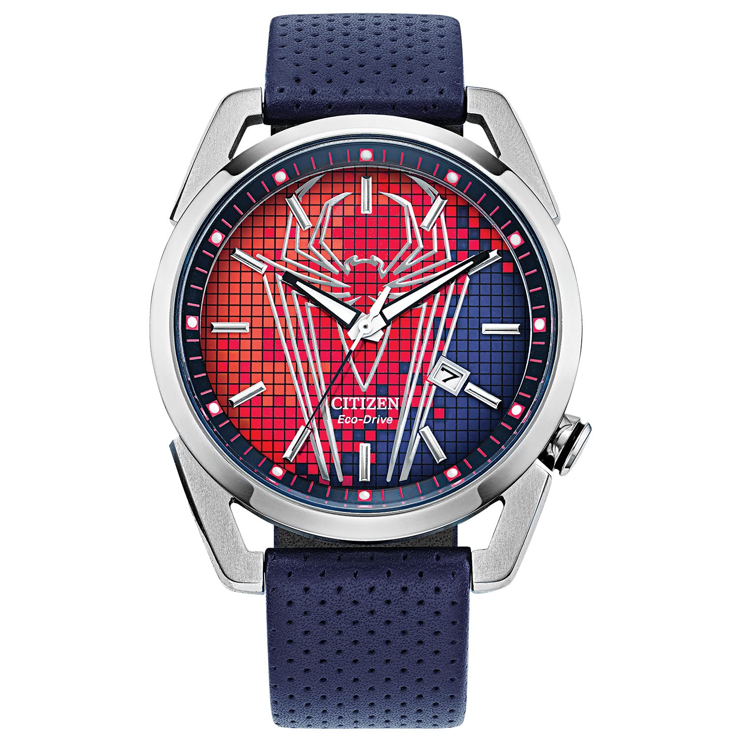 Citizen Eco-Drive Marvel Spider Man Reloj para hombre en acero inoxidable con correa de poliuretano azul, esfera azul de arte Spider Man, fecha de 3 manecillas, 1.654 in (modelo: AW1680-03W), Azul, Spider-Man AW1680-03W