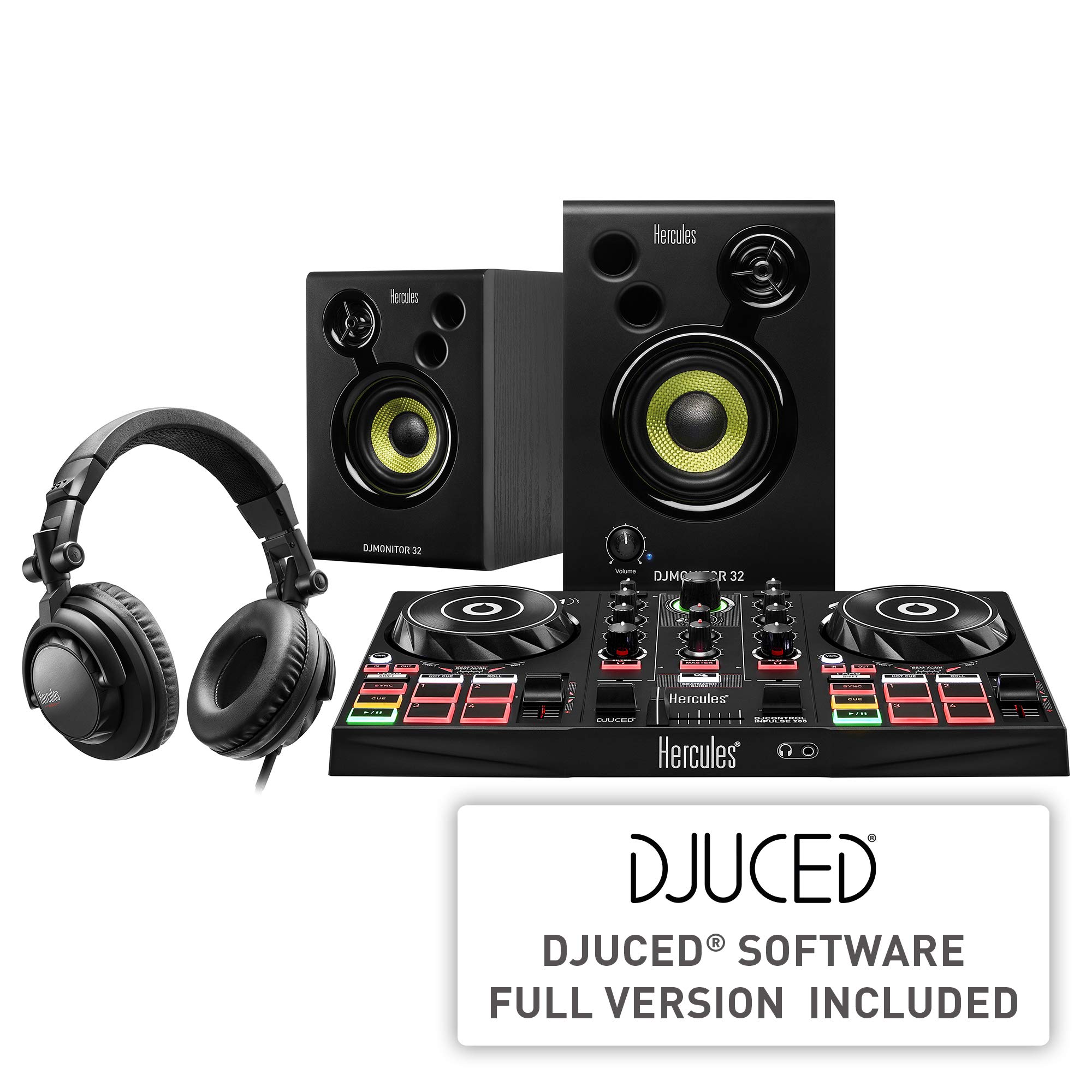 Hercules DJ Learning Kit w/ Inpulse 200 DJ Controller, 15 Watt Monitor Speakers and Sound-Isolating Headphones –2 Decks