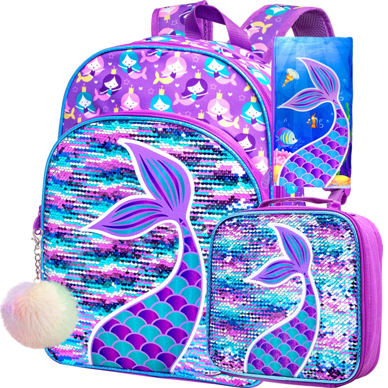 3PCS Mermaid Backpack for Girls, 16" Sequin Prechool Elementary Bookbag and Lunch Box