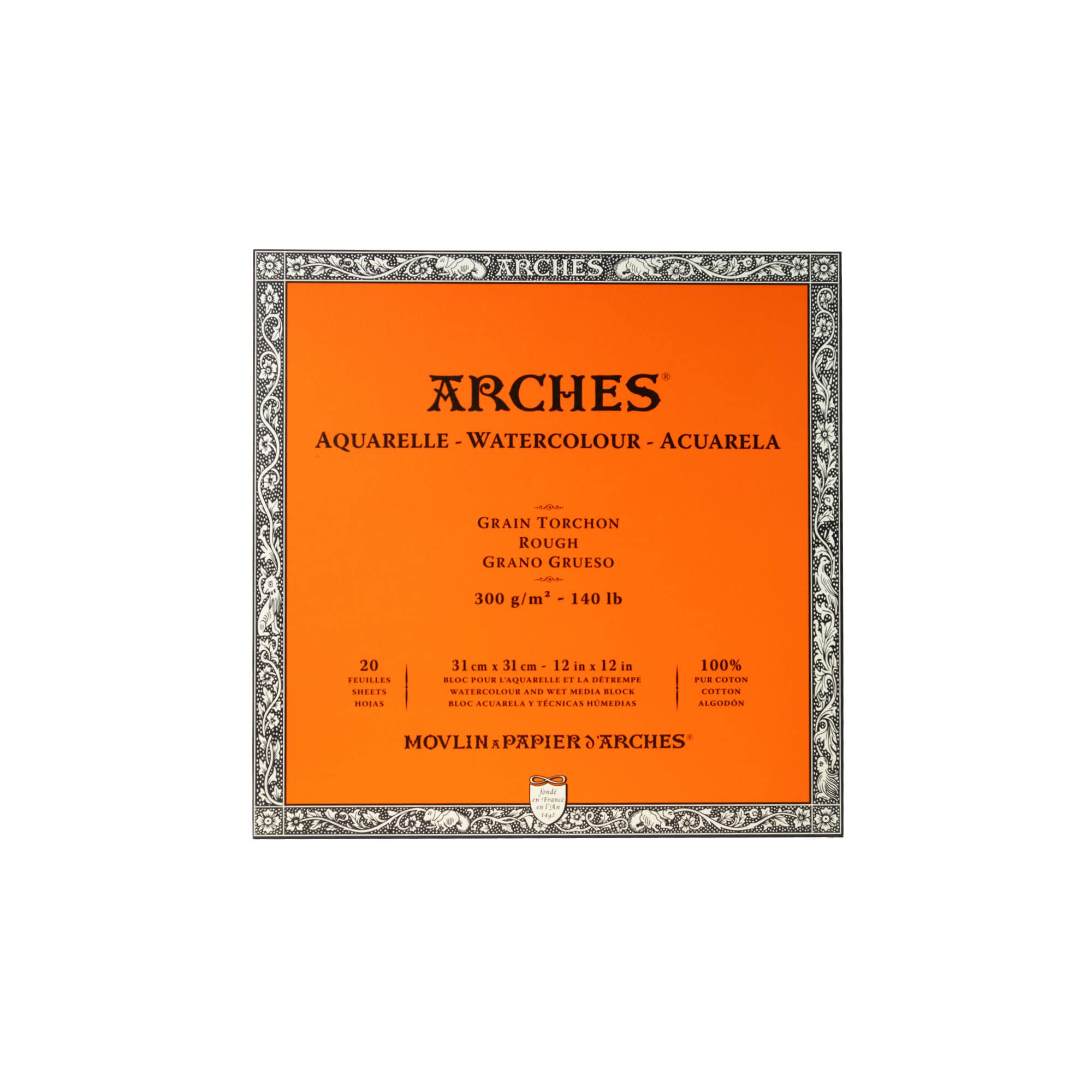 Arches Watercolor Block 12x12-inch Natural White 100% Cotton Paper - 20 Sheets of Arches Watercolor Paper Rough 140 lb - Arches Art Paper for Watercolor Gouache Ink Acrylic and More