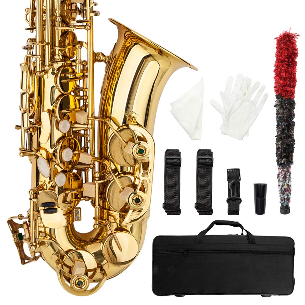 Ktaxon Alto Saxophone Drop E Brass Sax Full Kit for Student Beginners with Carving, Mouthpiece, Carrying Case, Gloves, Cleaning Cloth Bar, Detachable Strap, Shoulder Strap, Reed, Lacquered