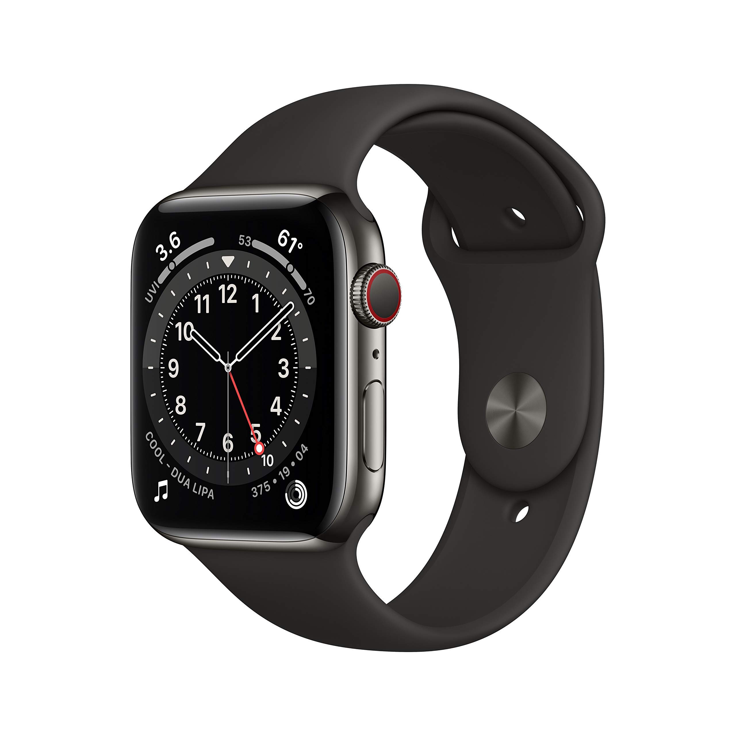 Apple Watch Series 6 (GPS + Cellular, 44mm) - Graphite Stainless Steel Case with Black Sport Band (Renewed)