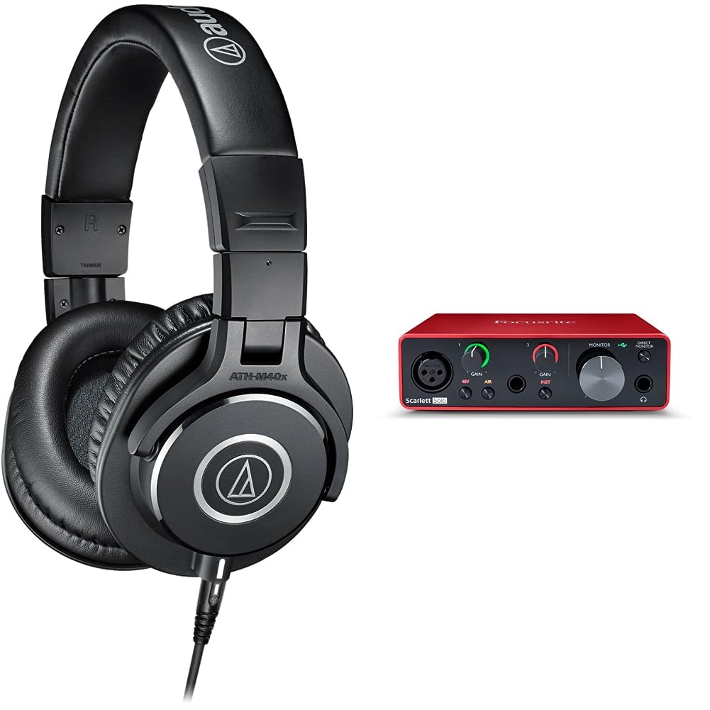 Audio-Technica ATH-M40x Professional Studio Monitor Headphone, Black, 90 Degree Swiveling Earcups & Focusrite Scarlett Solo (3rd Gen) USB Audio Interface with Pro Tools | First