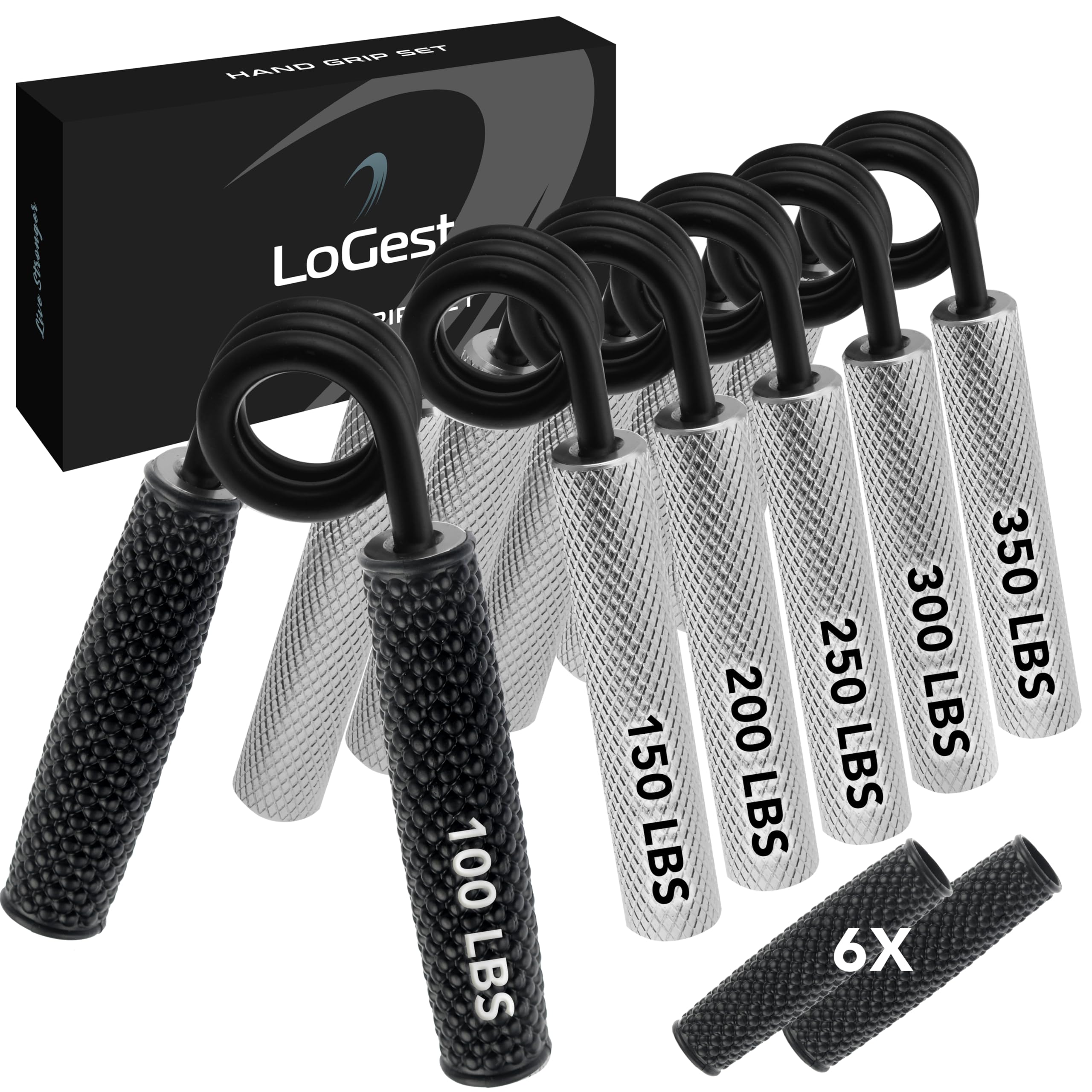 Logest Metal Hand Grip Set, 100LB-350LB 6 Pack 50LB-350LB 7 Pack No Slip Heavy-Duty Grip Strengthener with Gift Box, Great Wrist & Forearm Hand Exerciser, Home Gym, Hand Gripper Grip Strength Trainer