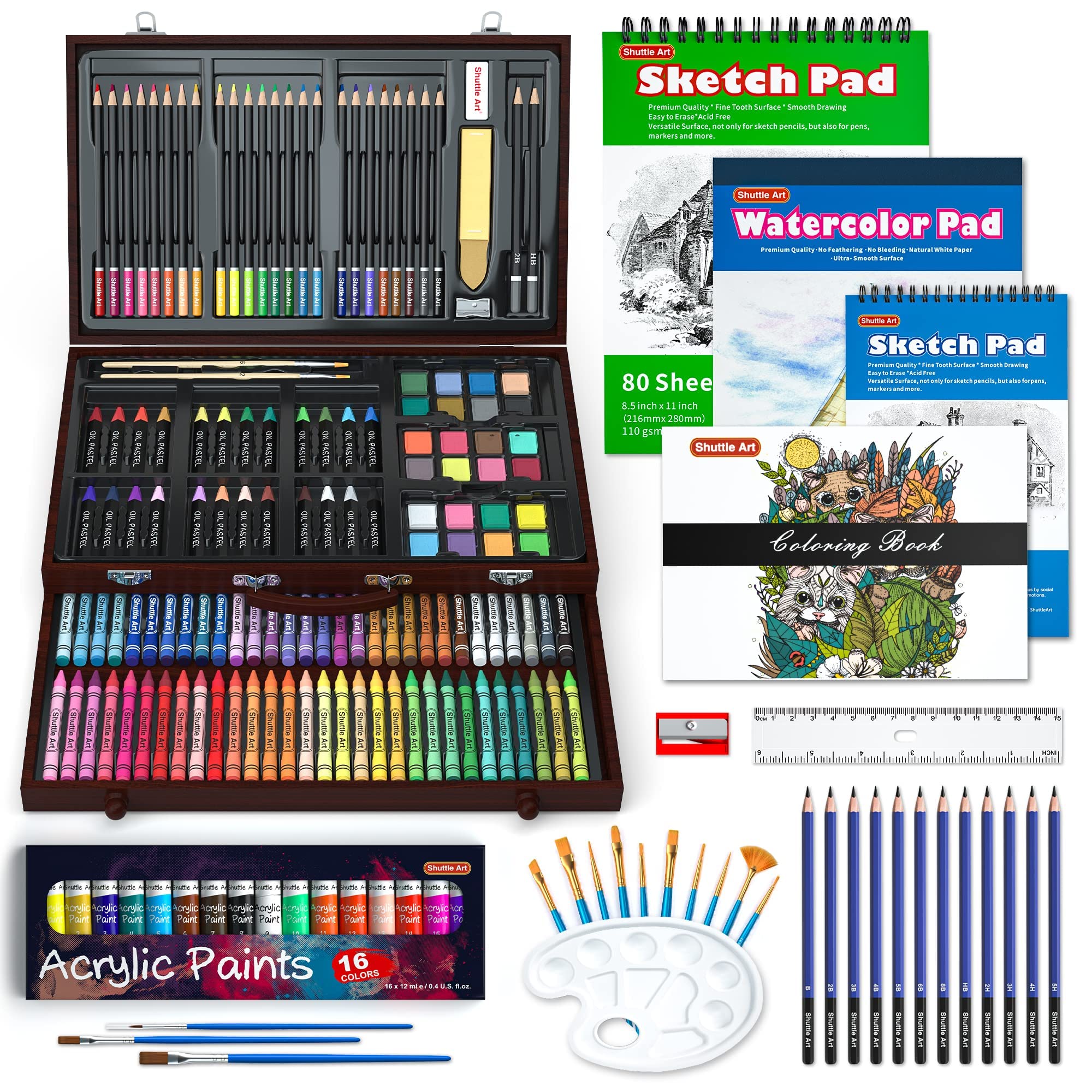 Shuttle Art 186 Piece Deluxe Art Set, Art Supplies in Wooden Case, Painting Drawing Art Kit with Acrylic Paint Pencils Oil Pastels Watercolor Cakes Coloring Book Watercolor Sketch Pad for Kids Adults
