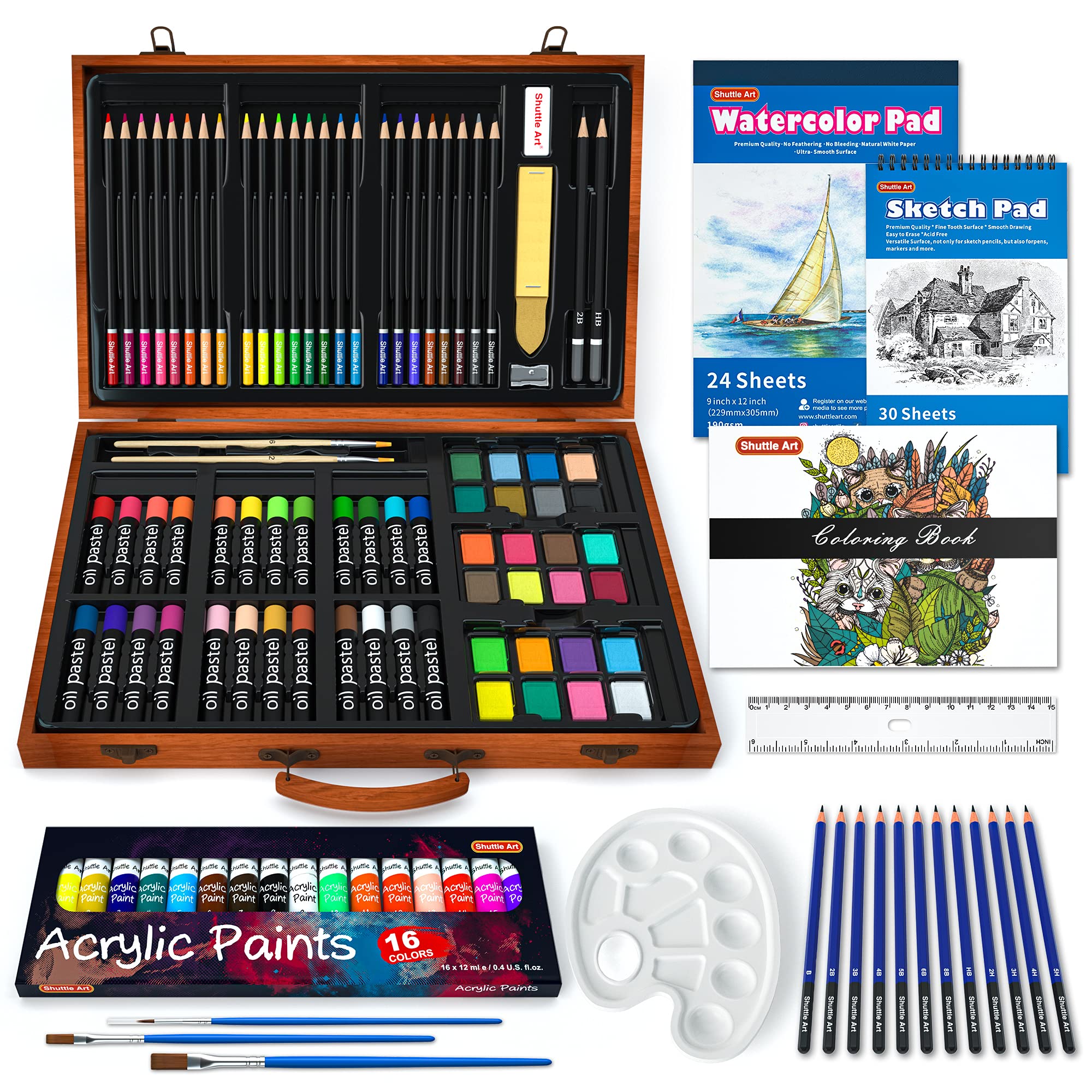 Shuttle Art 118 Piece Deluxe Art Set, Art Supplies in Wooden Case, Painting Drawing Art Kit with Acrylic Paint Pencils Oil Pastels Watercolor Cakes Coloring Book Watercolor Sketch Pad for Kids Adults