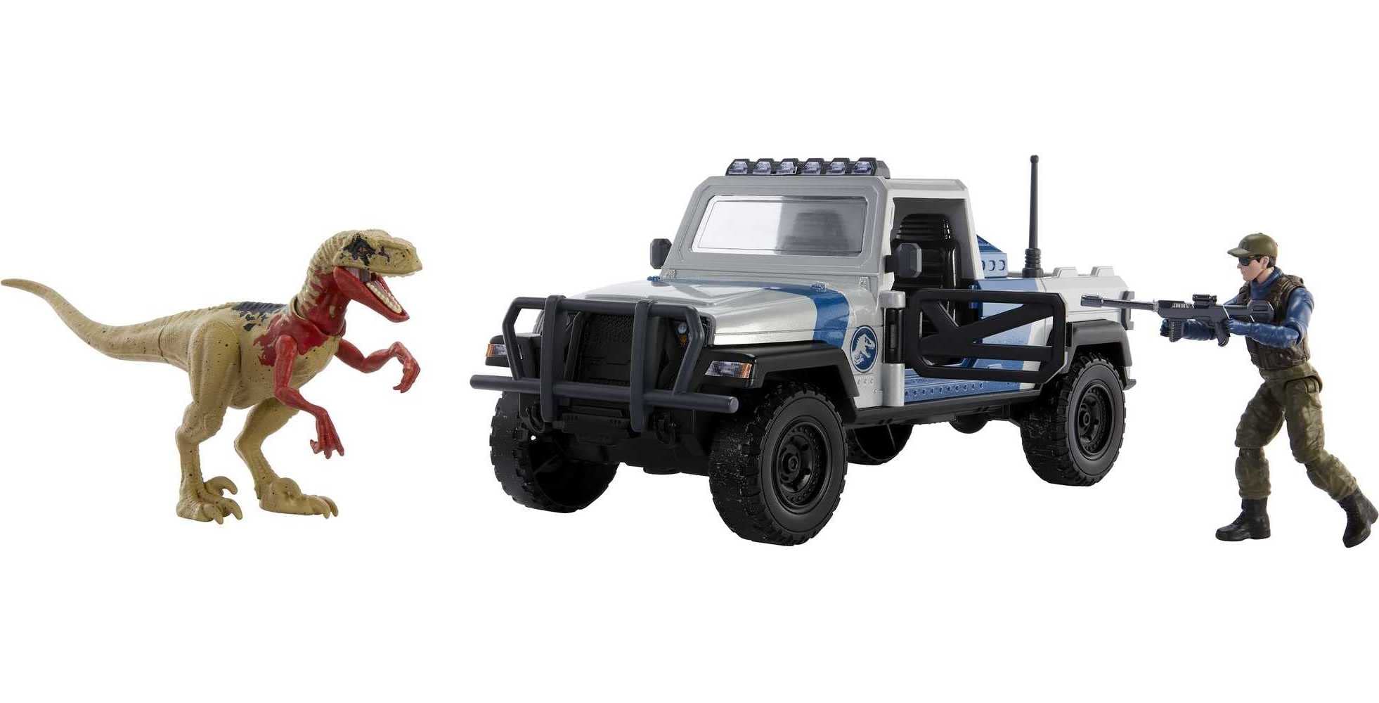 Mattel Jurassic World Truck Set, Atrociraptor Dinosaur & Human Figure, Movie Vehicle with Destruct Smash Area, Toy with Connected Digital Play