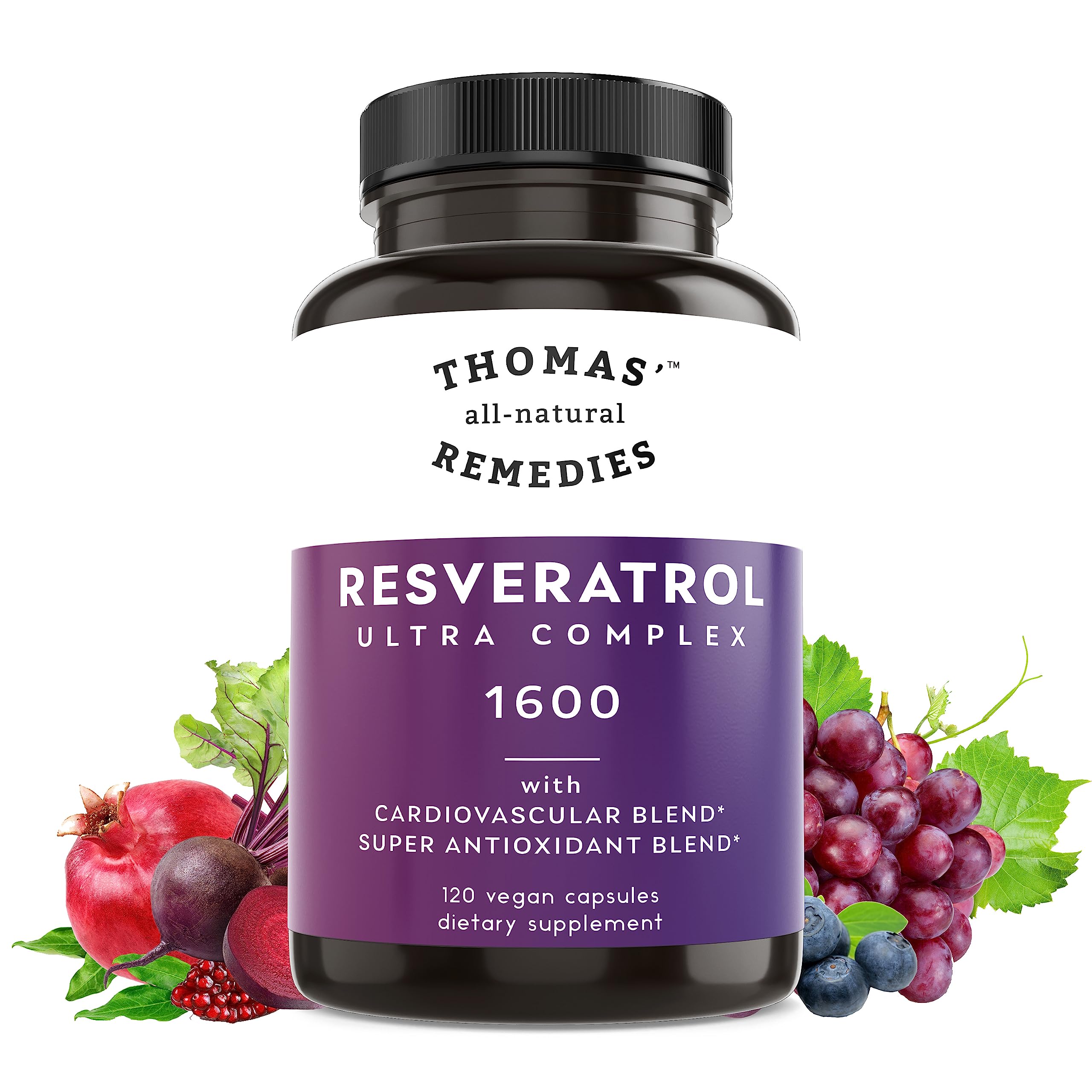 Thomas' all-natural Remedies Resveratrol 1600mg Suplemento antioxidante orgánico Trans-Resveratrol con extracto de semilla de uva orgánico y quercetina, soporte antienvejecimiento y cardiovascular, 120 cápsulas