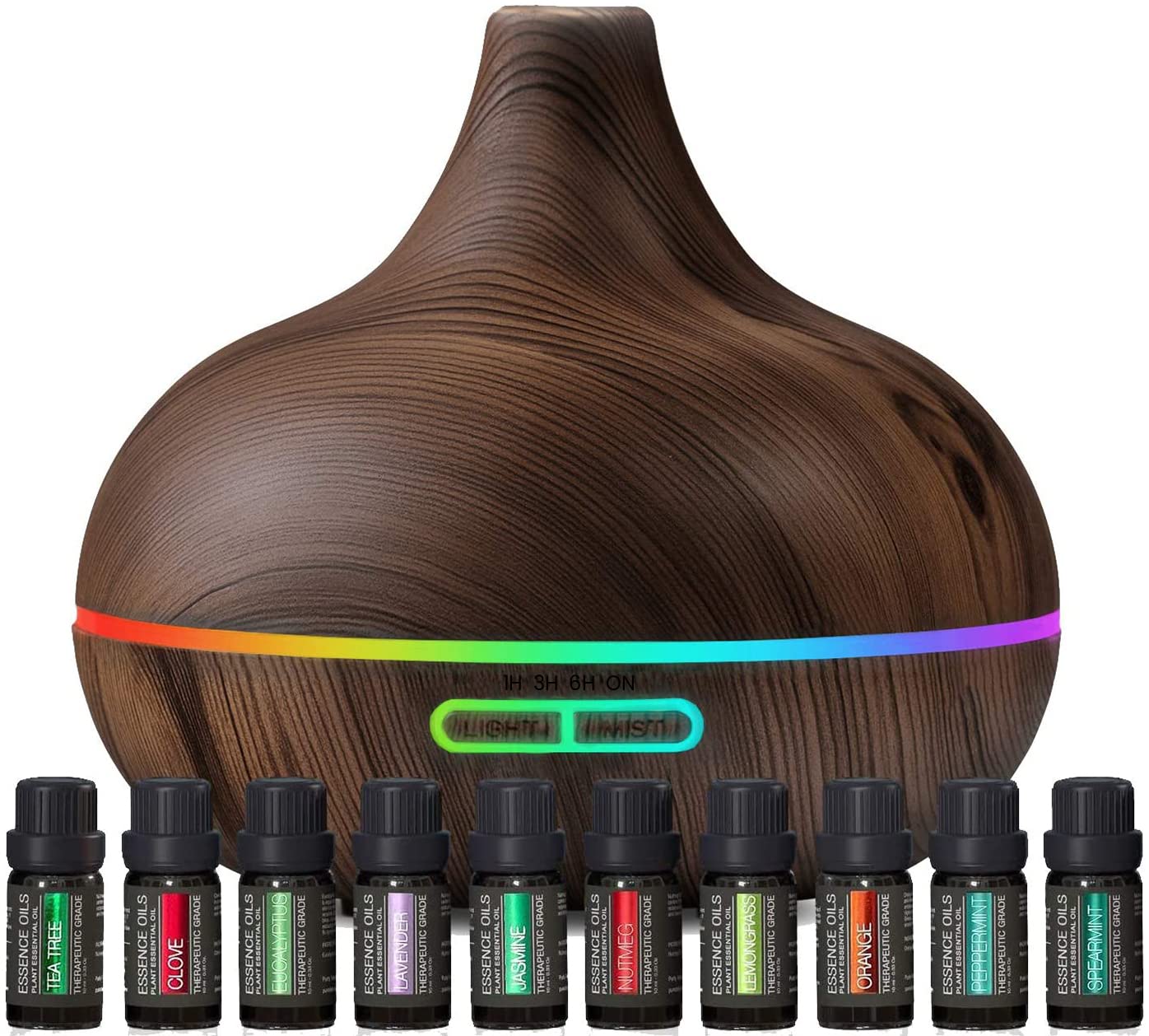 Ultimate Aromatherapy Diffuser & Essential Oil Set - Ultrasonic Diffuser & Top 10 Essential Oils - 300ml Diffuser with 4 Timer & 7 Ambient Light Settings - Therapeutic Grade Essential Oils Dark Oak