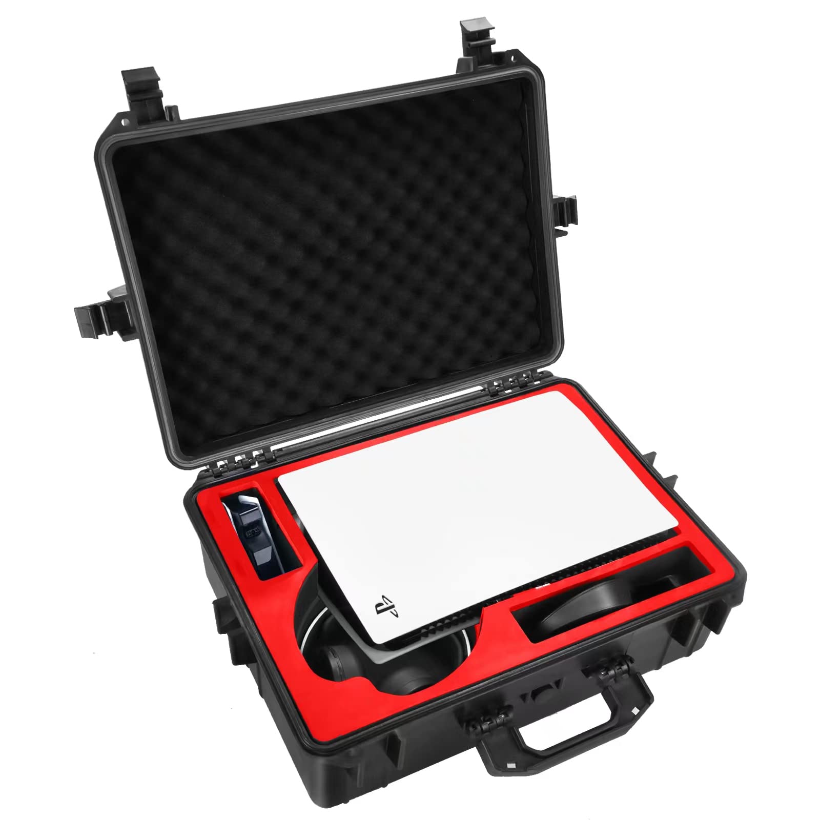 Premium Waterproof Travel Hard Case for PS5 - Heavy Duty Carrying Case Fits PlayStation 5 Console, Headset, 2 Controllers, Games, Stand, Dualsense Charging Station, Cables and Other Accessories, Red