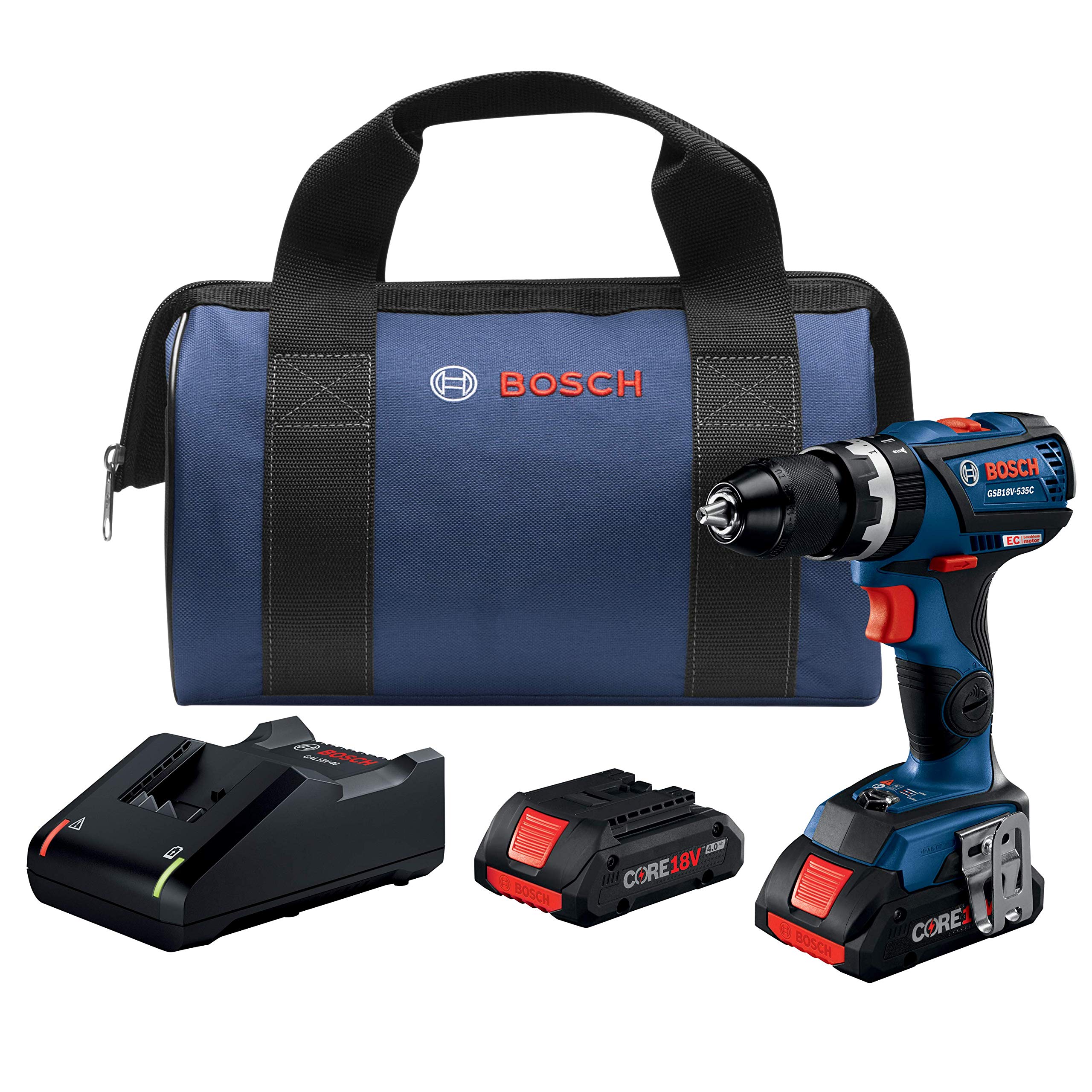 BOSCH GSB18V-535CB25 18V EC - Kit de taladro de martillo/destornillador compacto resistente de 1/2 pulgada con (2) baterías compactas CORE18V 4.0 Ah