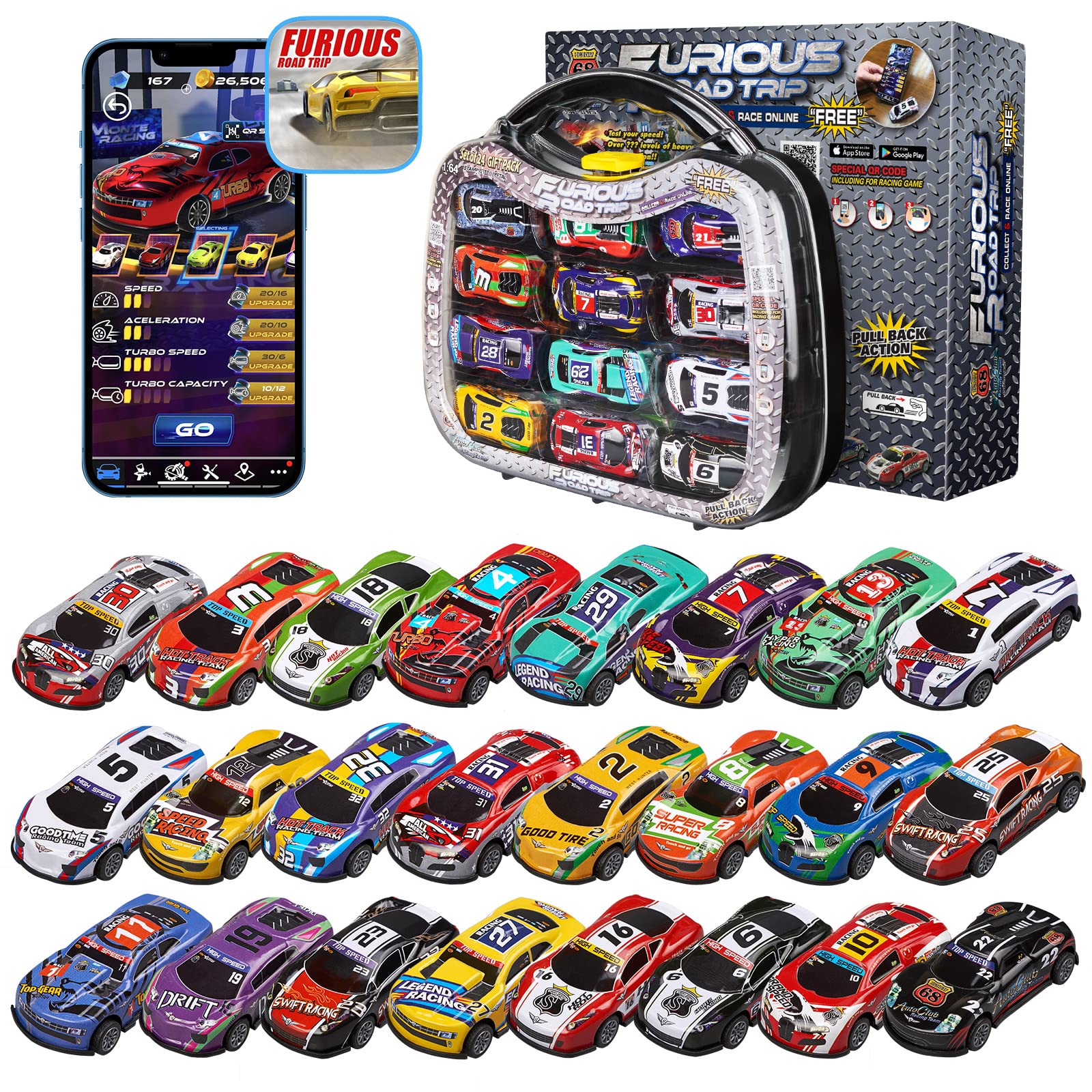 GOLDEN WHEEL 24 Race Cars Pack - 1:64 Vehicles Die-cast Metal Mini Pull Back Cars Set with Storage Case & Free Online Games - 2022 Hot Toy Birthday Party Gift for Kids Ages 3+ Years Old