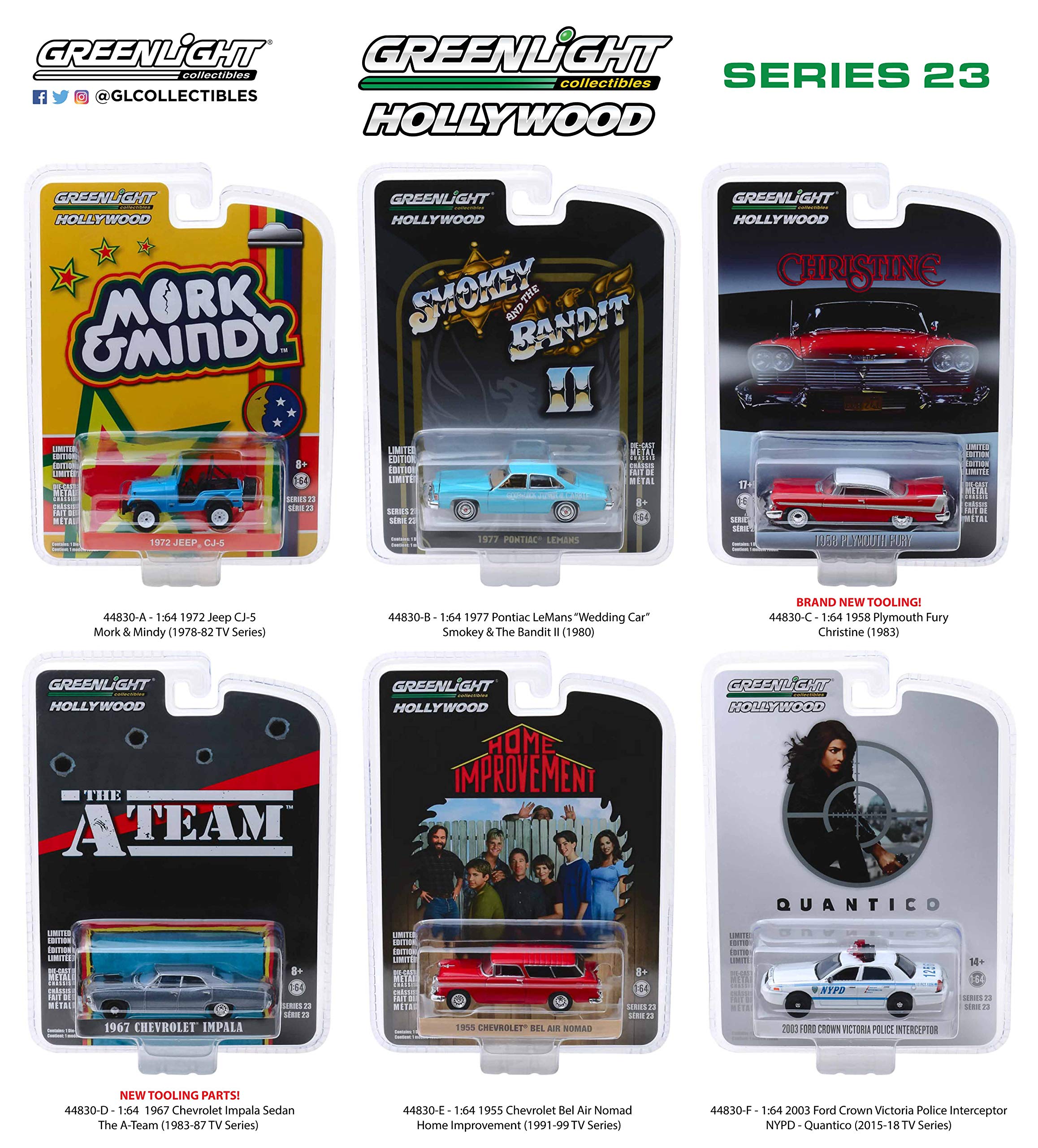 Greenlight Hollywood Series Release 23, Set of 6 Cars 1/64 Diecast Models 44830