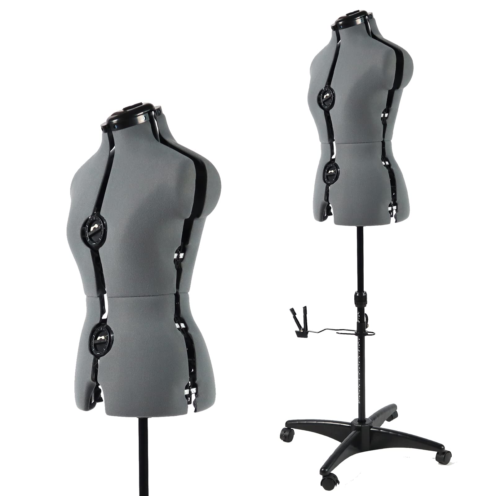 PDM WORLDWIDE Adjustable Dress Form Mannequin for Sewing Female Size 6-14, Gray Pinnable Model Body with 13 Dials, Detachable Metal Rolling Base, 42.5"-60" Height Range for Clothing Display, Small