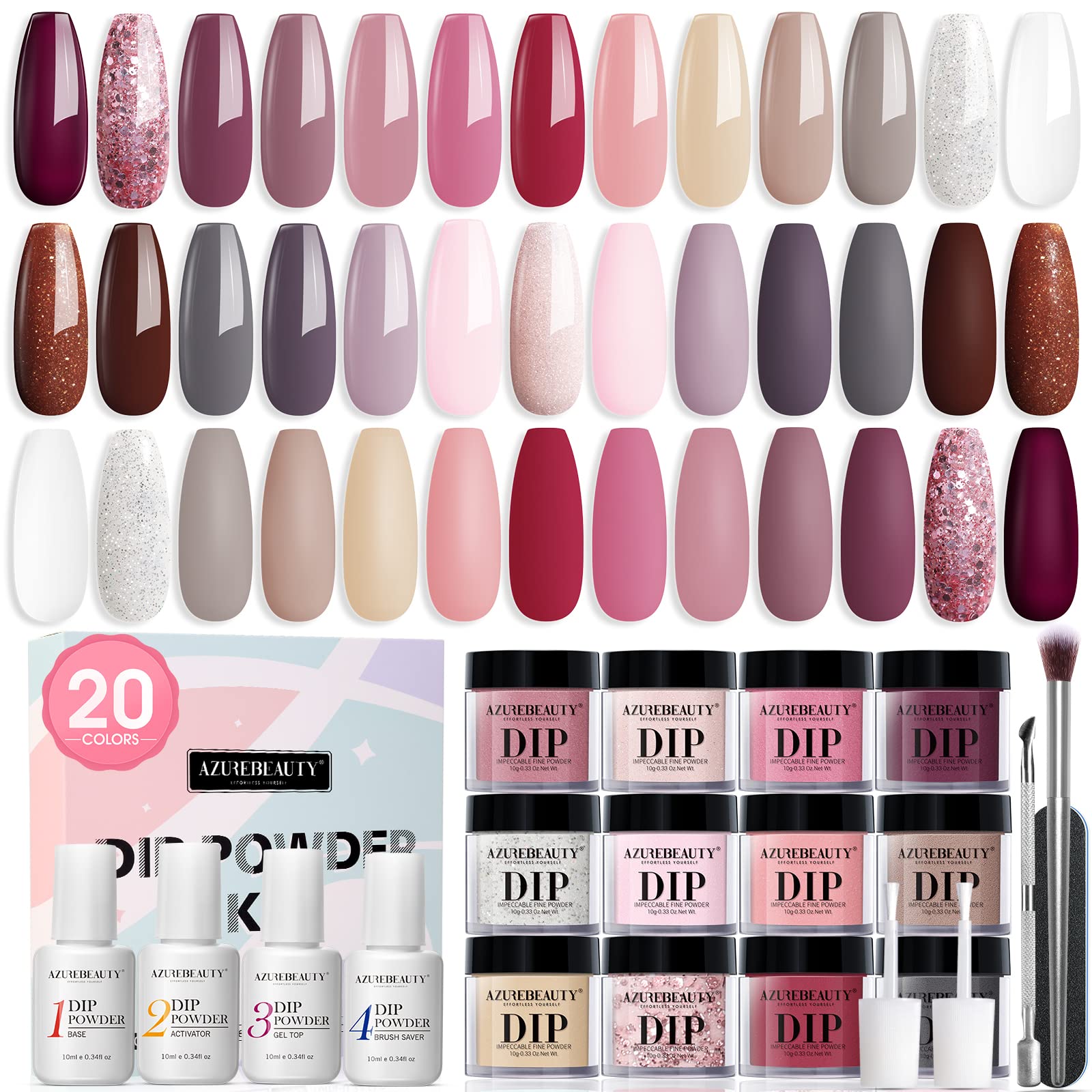 AZUREBEAUTY 29 Pcs Dip Powder Nail Kit Starter, All Season 20 Colors Clear Nude Light/Hot Pink Acrylic Dipping Powder Essential Liquid Set with Top/Base Coat for French Nail Art Manicure DIY Salon Women