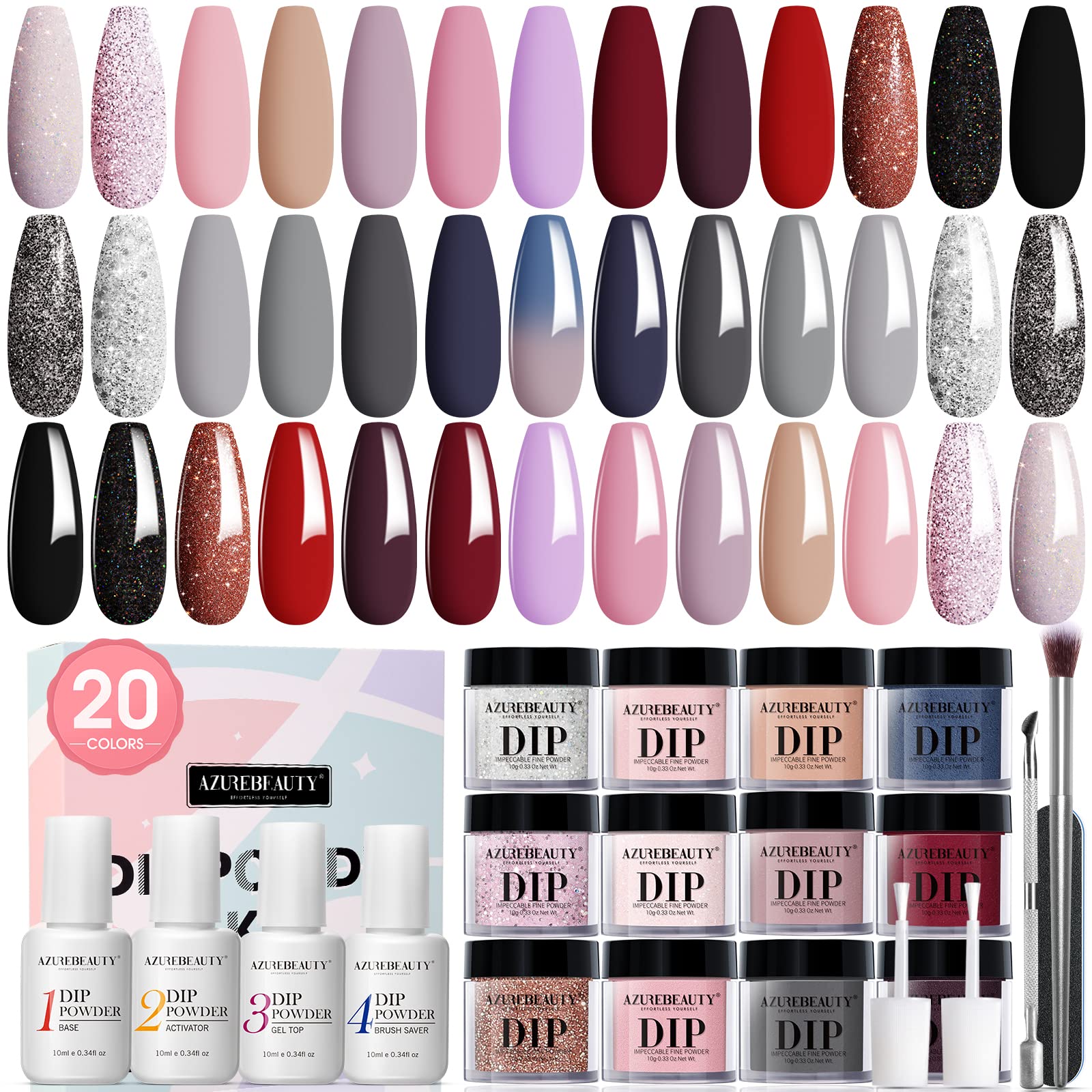 29 Pcs Dip Powder Nail Kit Starter, AZUREBEAUTY 20 Colors Glitter Red Pink Black Acrylic Dipping Powder System Essential Liquid Set with Base & Top Coat for French Nails Art Manicure Gift for Women