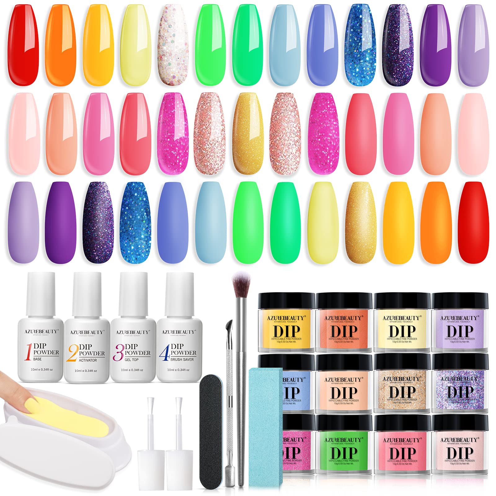 AZUREBEAUTY 31 Pcs Dip Powder Nail Kit Starter, Spring Summer 20 Colors Glitter Neon Pink Blue Green Dipping Powder Liquid Set with Top/Base Coat Activator for French Nail Art Manicure DIY Salon Gift