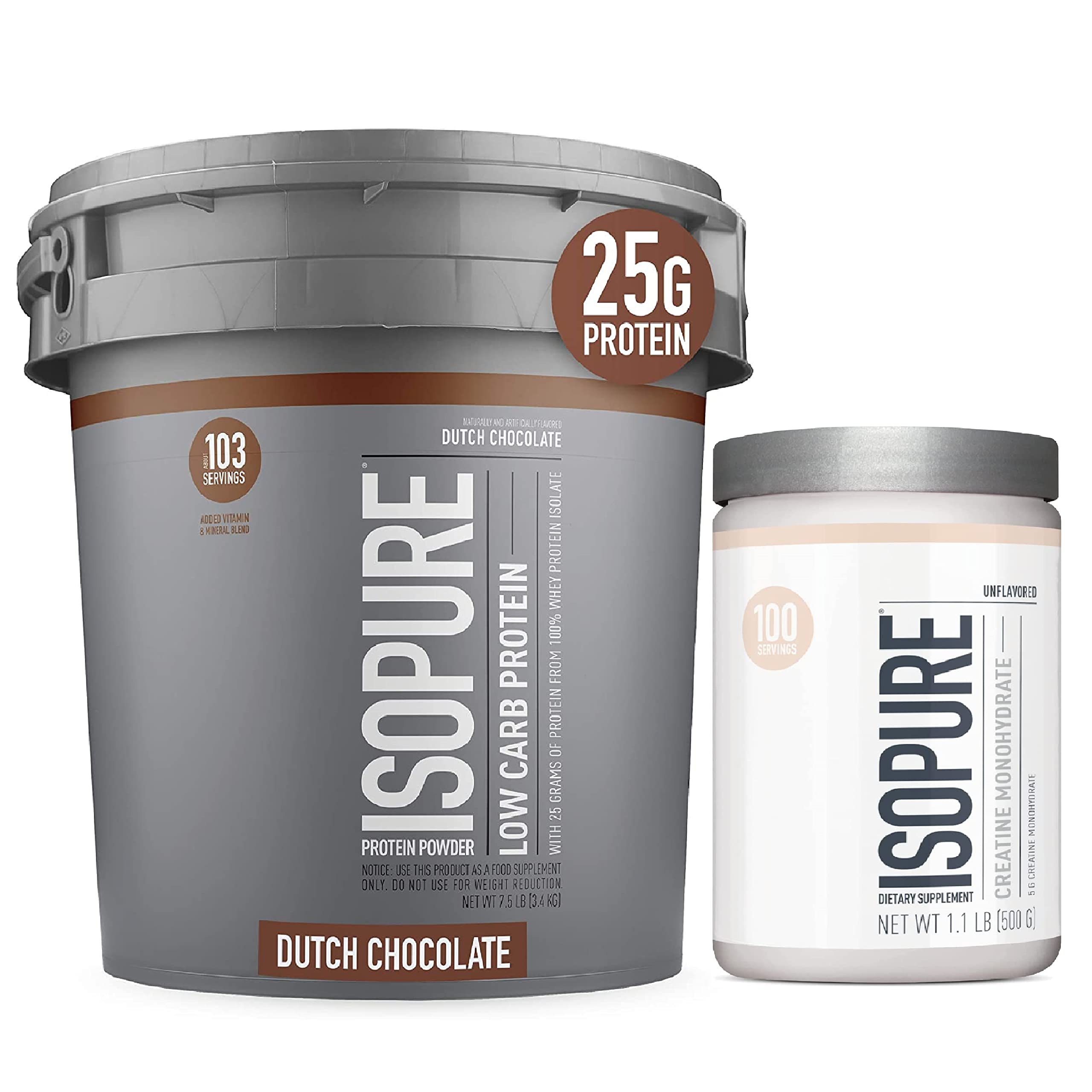 Isopure Protein Powder Low Carb With Creatine Powder 500g Unflavored, Keto Friendly Protein Powder, 100% Whey Protein Isolate, Protein Flavor: Dutch Chocolate, 7.5 Pounds
