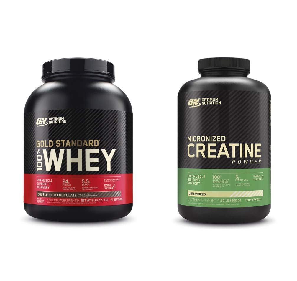 Optimum Nutrition 100% Gold Standard Whey Protein Powder: Double Rich Chocolate (5 Pound) with Micronized Creatine Monohydrate Powder, Unflavored (120 Servings) - Bundle Pack