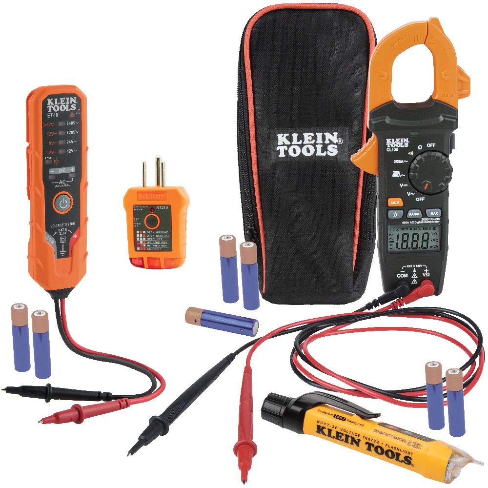 Klein Tools CL120VP Kit de prueba de voltaje eléctrico con medidor de abrazadera, tres probadores, cables de prueba, bolsa y baterías