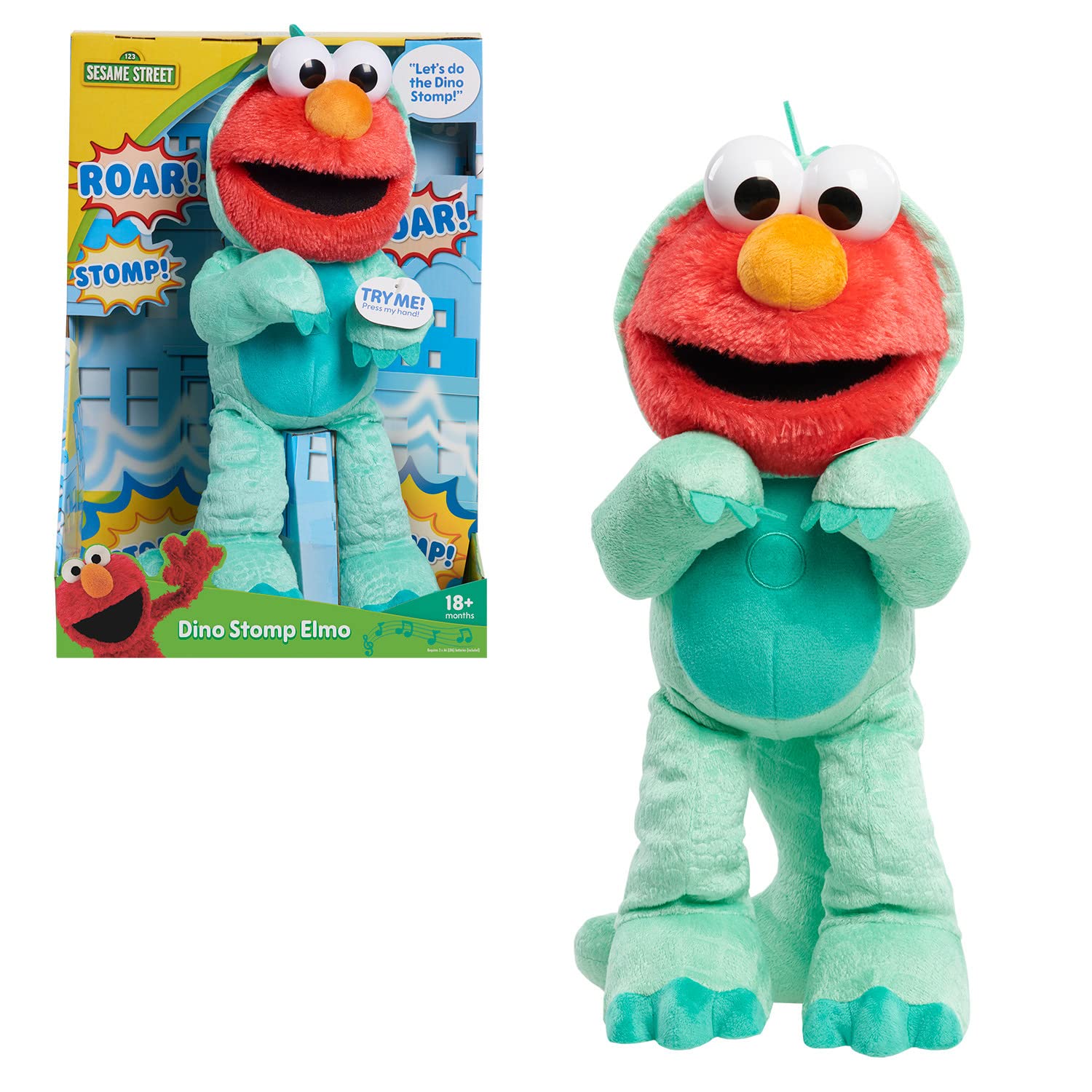 Sesame Street Dino Stomp Elmo 13-Inch Plush Stuffed Animal Sings and Dances, Officially Licensed Kids Toys for Ages 18 Month, Gifts and Presents by Just Play