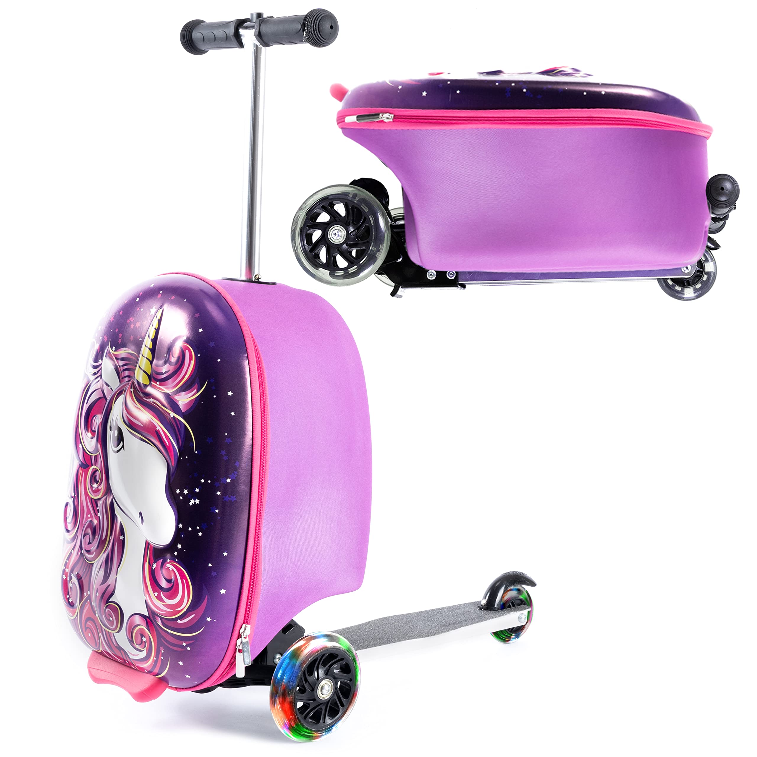 Kiddietotes - Maleta de mano ligera de carcasa rígida 3D con scooter, ruedas con luces LED, Unicorn), KT-SL03UNI
