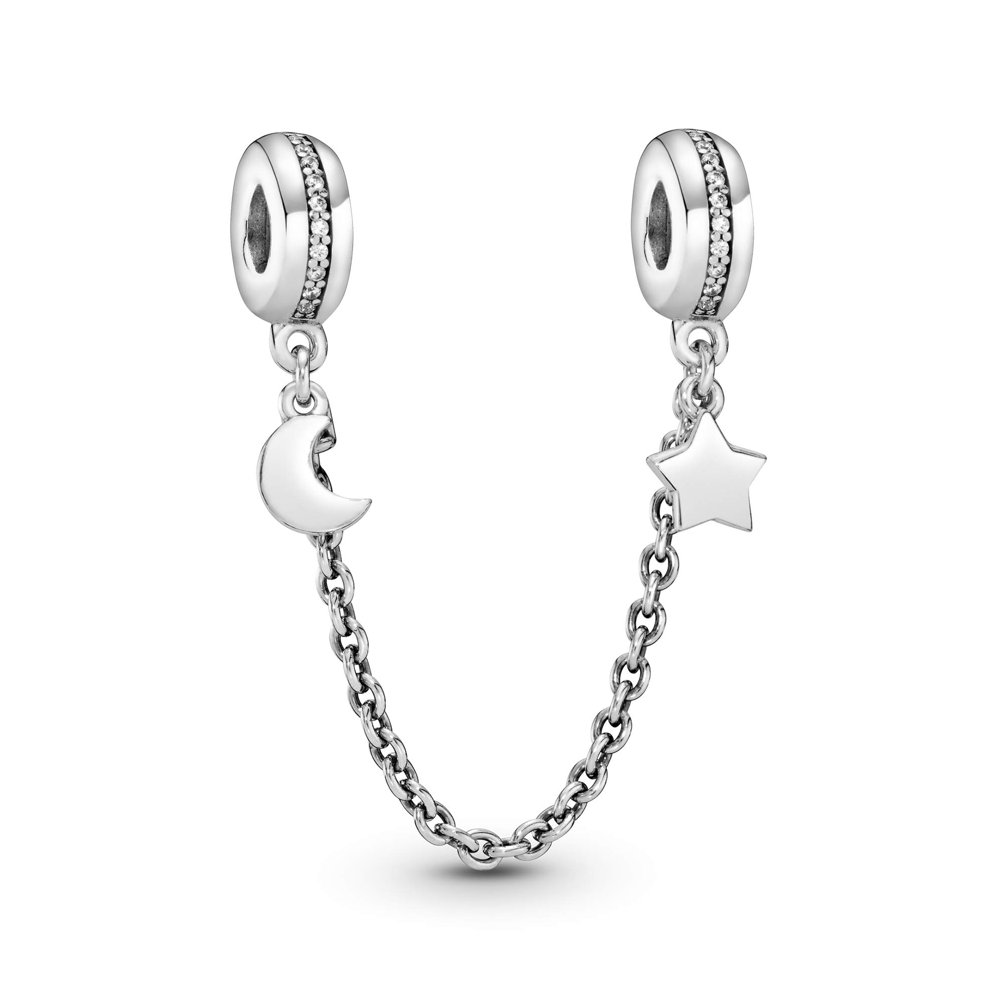 PANDORA Jewelry Half Moon and Star Safety Chain Cubic Zirconia Charm in Sterling Silver