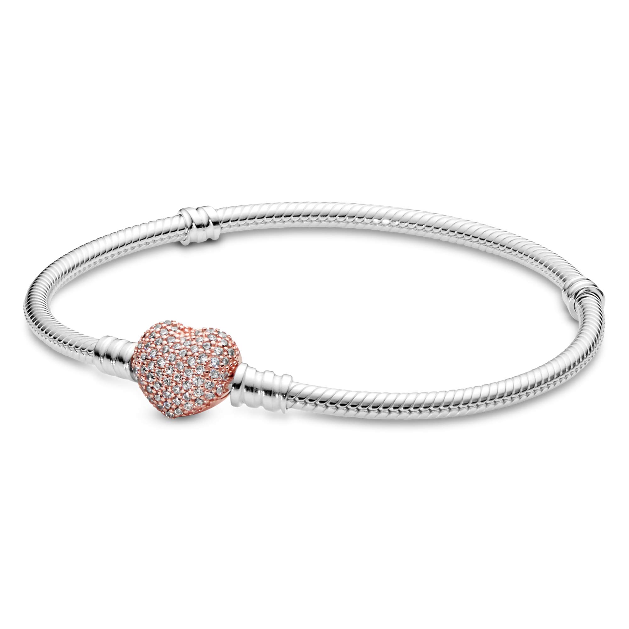 PANDORA Jewelry Moments Pave Heart Clasp Snake Chain Cubic Zirconia Bracelet in Rose, 7.1", No Box