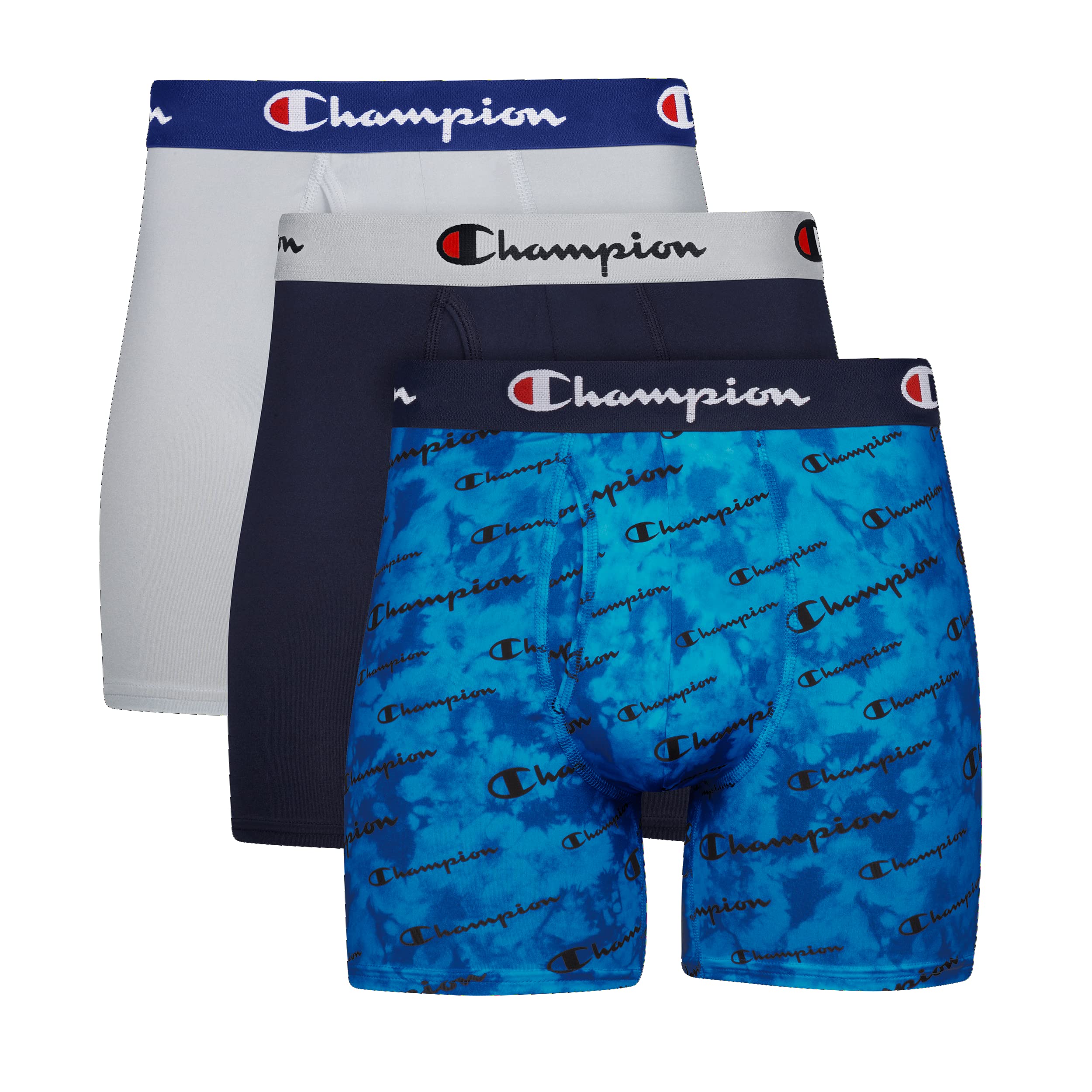 Champion mens Champion Men's Lightweight Stretch 3 Pack Boxer Briefs, Blue Print With Champion Logo/Navy/Silverstone, XX-Large US