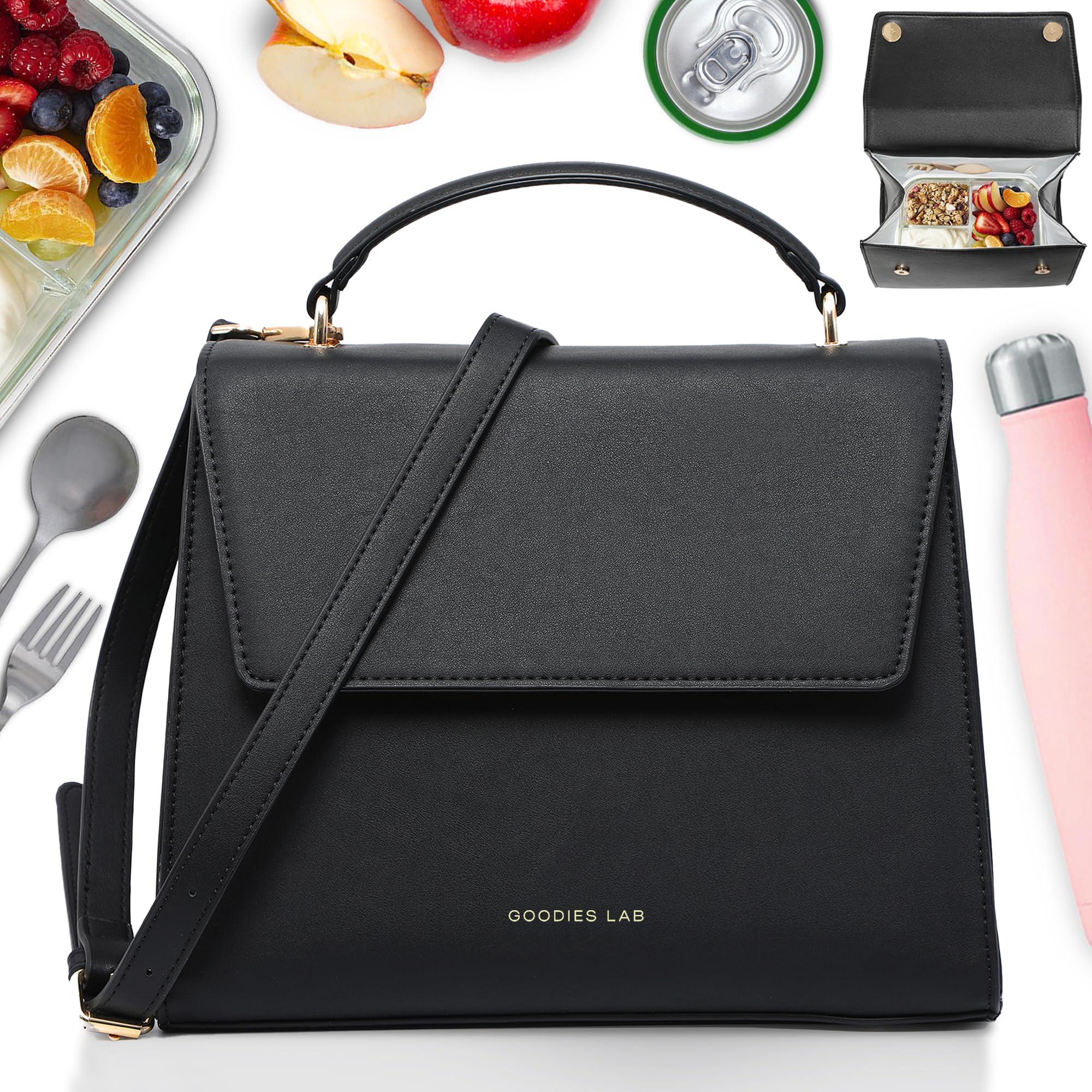 BeautyGoodies Lunch Bag Women Insulated Lunch Bag Purse, Leather Lunch Bag for Women, Lunch Box Purse Modern, Stylish Lunch bag for Women Black, Cute Fancy Lunch bag Women for Work Designer Lunch Tote