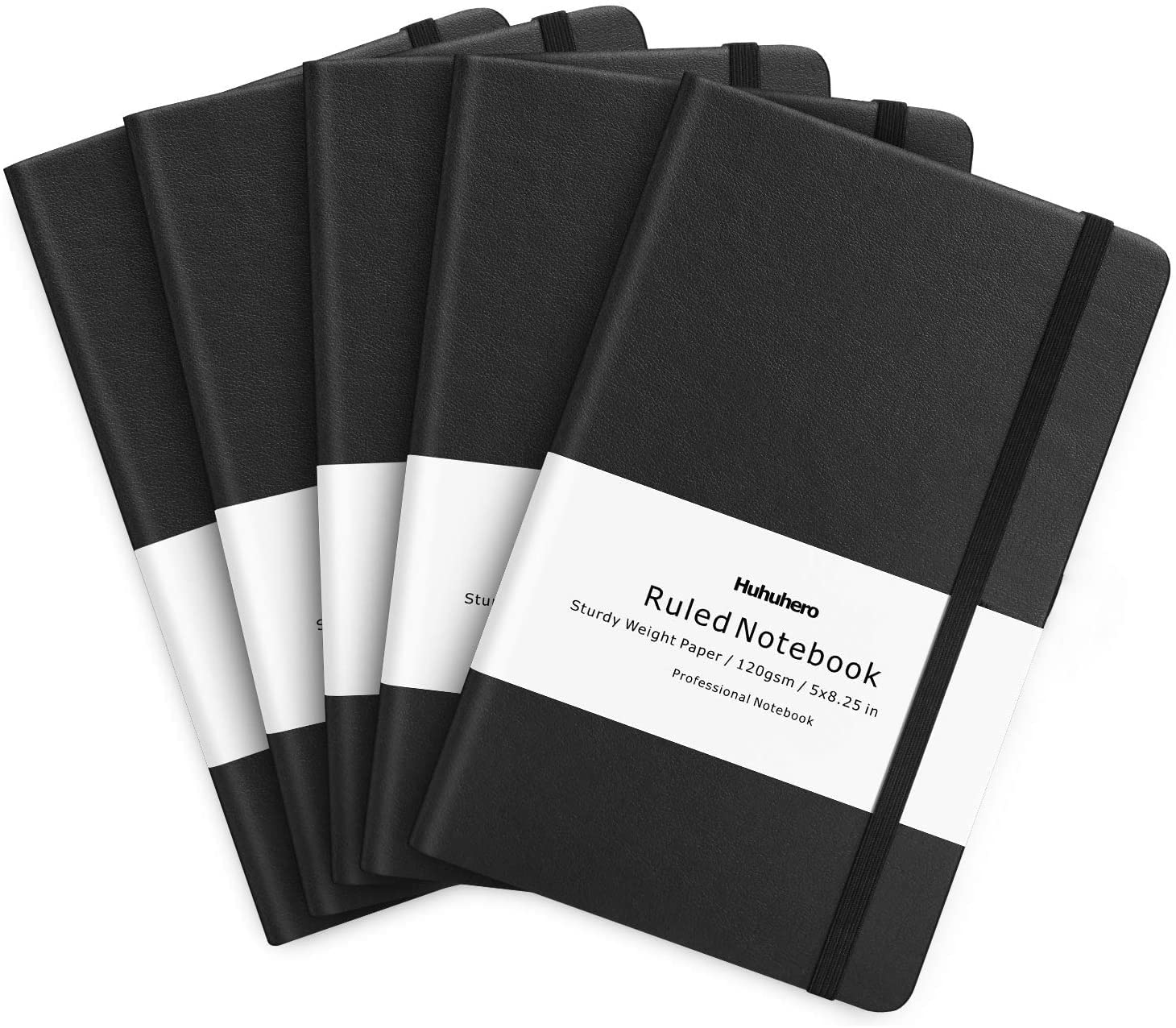 Huhuhero - Cuaderno, tapa dura clásica a rayas, papel grueso de 120 g/m² de primera calidad con bolsillo interior fino, piel sintética negra para diario de escritura, notas y agenda, 13 x 21 cm (5, negro