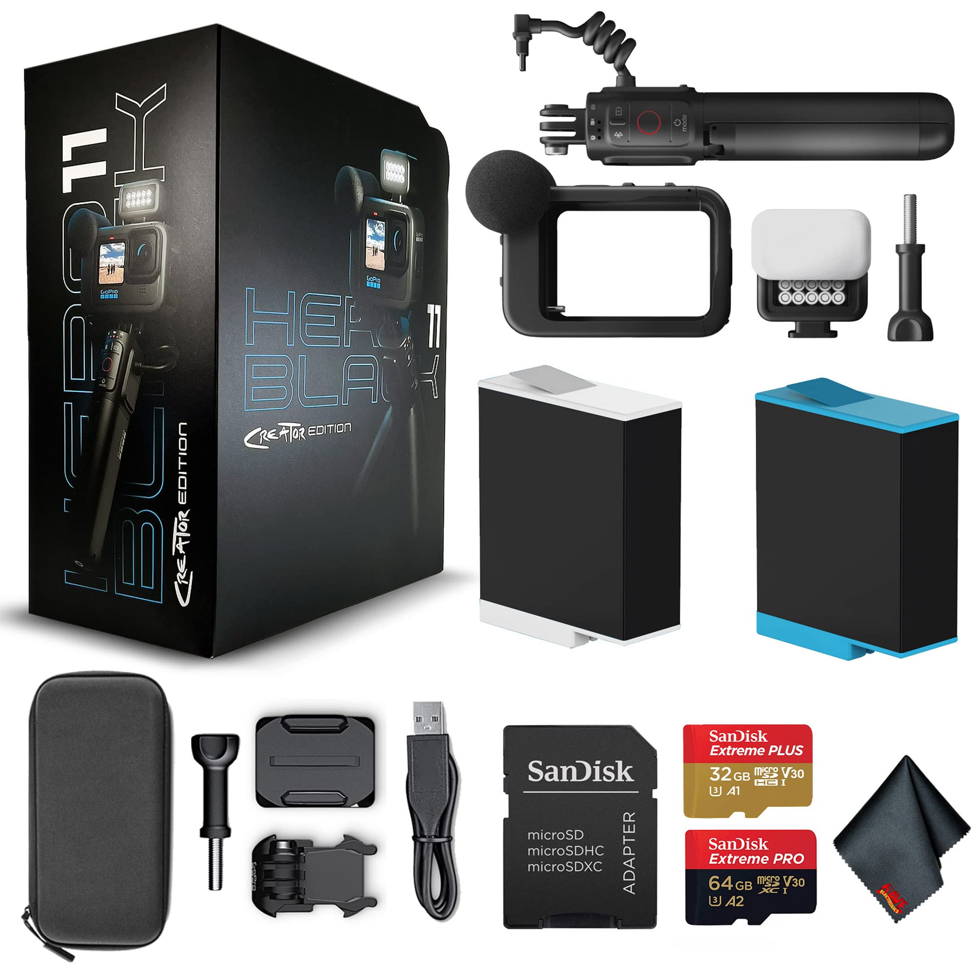 GoPro HERO11 Black Creator Edition - Includes Volta (Battery Grip, Tripod, Remote), Media Mod, Light Mod, Enduro Battery - Waterproof Action Camera + 64GB Extreme Pro Card and Extra Battery