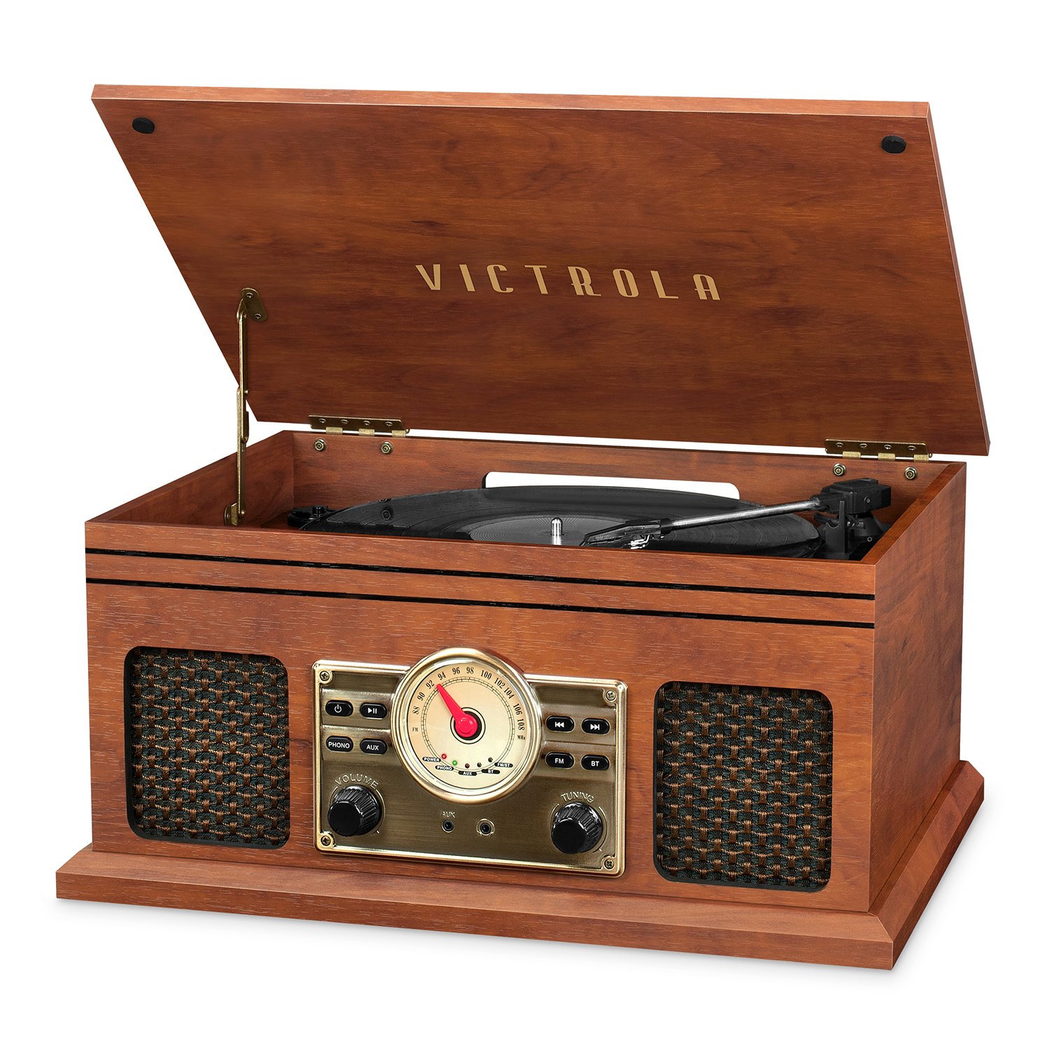Victrola VTA-250B-MAH 4-in-1 Nostalgic Bluetooth Record Player with 3-Speed Turntable FM Radio and Aux-in Mahogany