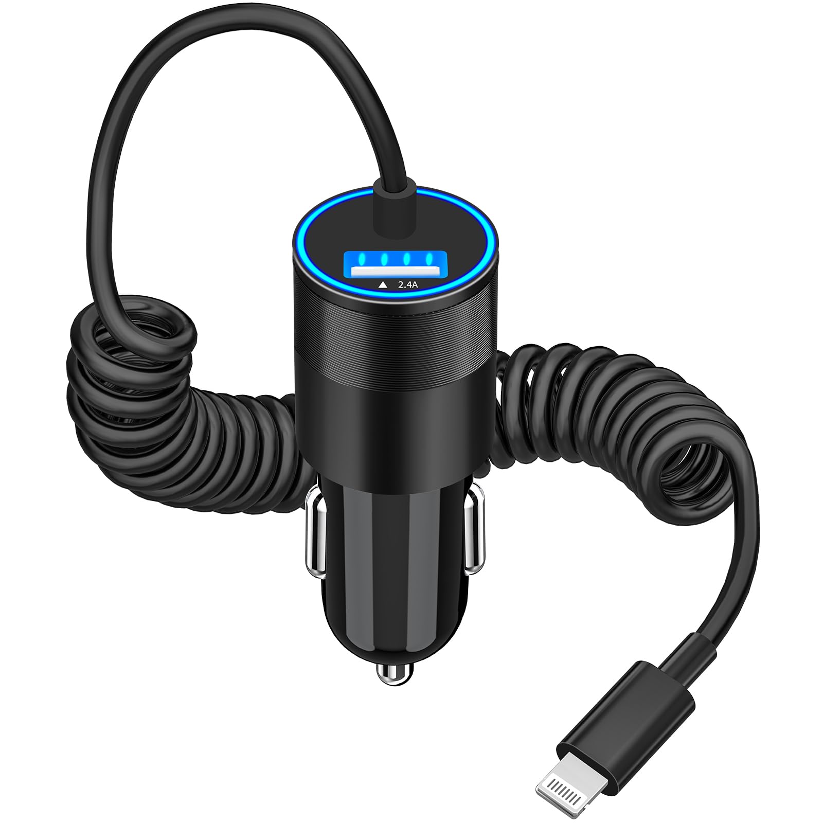 [Apple MFi Certified] iPhone Car Charger Fast Charging, KYOHAYA 4.8A USB Power Rapid Car Charge Adapter with Built-in Coiled 6FT Lightning Cable Quick Charging for iPhone 14 13 12 11 Pro/XS/XR/SE/iPad