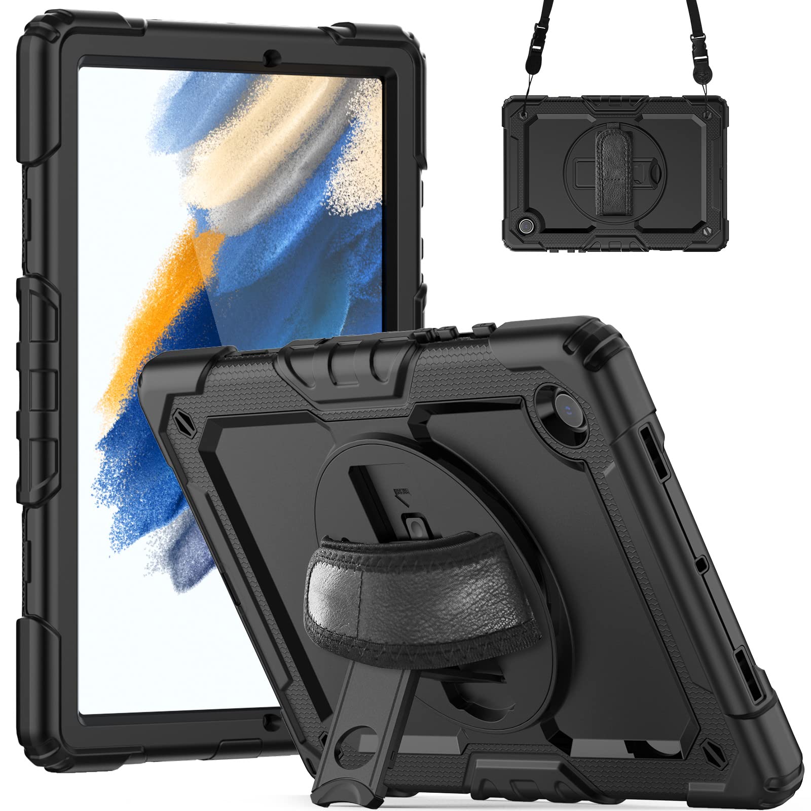 navor Compatible with Galaxy Tab A8 10.5-inch (2022), Built in Screen Protector, Shockproof Heavy Duty Protective Rugged Cover with Shoulder Strap, Hand Strap, Pencil Holder [Black]