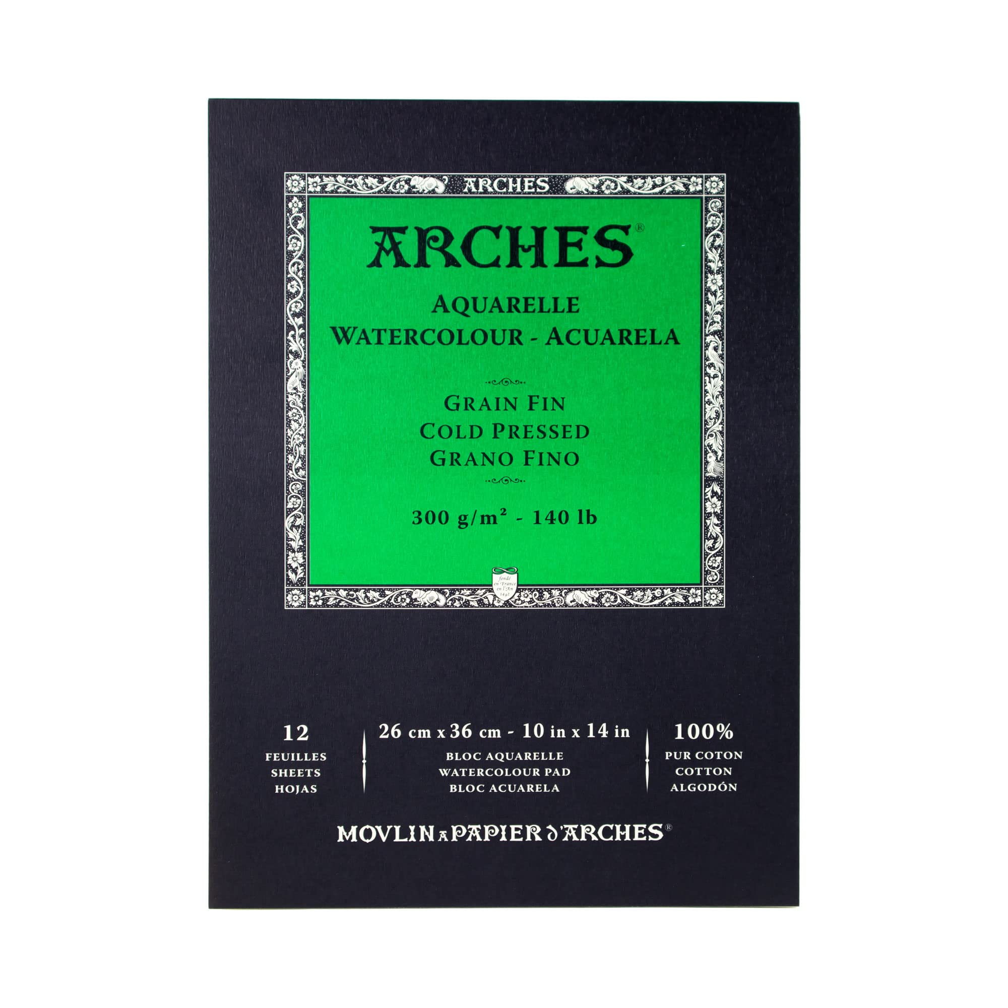Arches Watercolor Pad 10x14-inch Natural White 100% Cotton Paper - 12 Sheet Arches Watercolor Paper 140 lb Cold Press Pad - Arches Art Paper for Watercolor Gouache Ink Acrylic and More