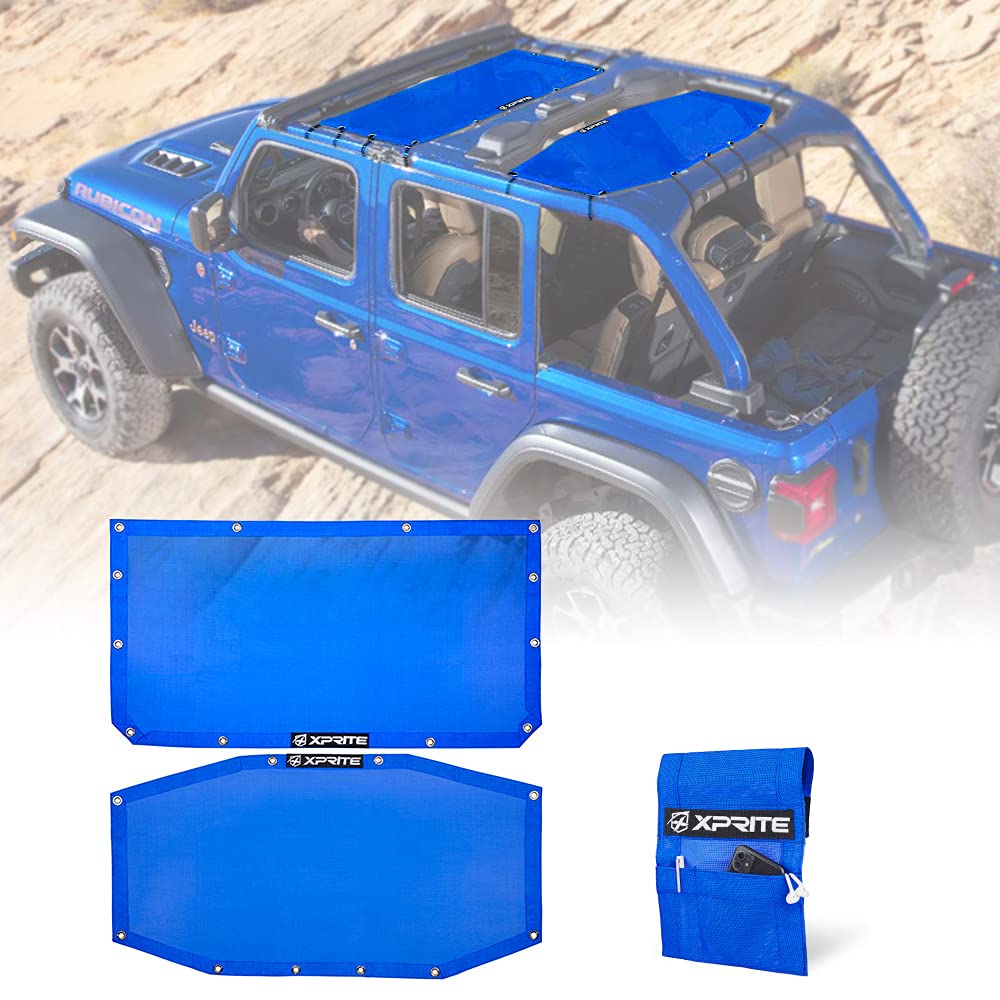 Xprite Mesh Sunshade Compatible with Jeep Wrangler JL Unlimited 4 Door, 2PCS Front and Rear Sun Shade Top with Extra Storage Bag-Blue
