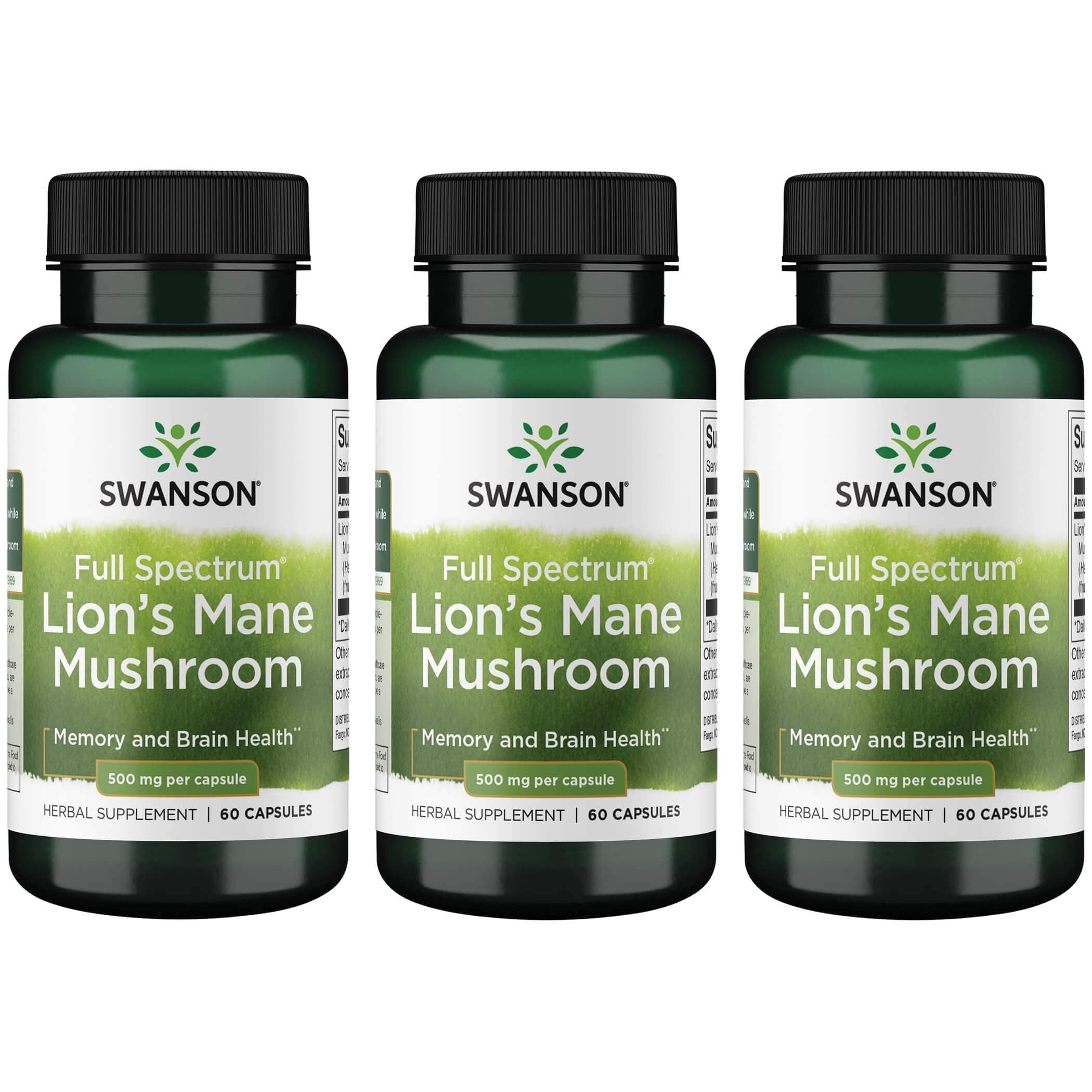 Swanson Lion's Mane Mushroom Capsules - 500 mg Each, 60 Capsules - Herbal Supplement Supporting Cognitive Function (3 Pack)